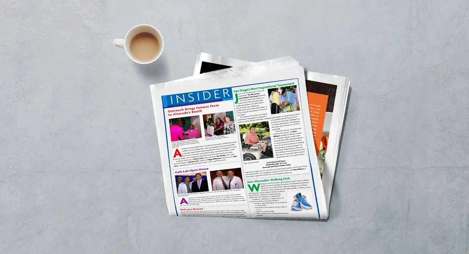 The printed Alvarado Hospital Insider community newsletter lying open on a table beside a cup of coffee, showing photo-led articles and column layout