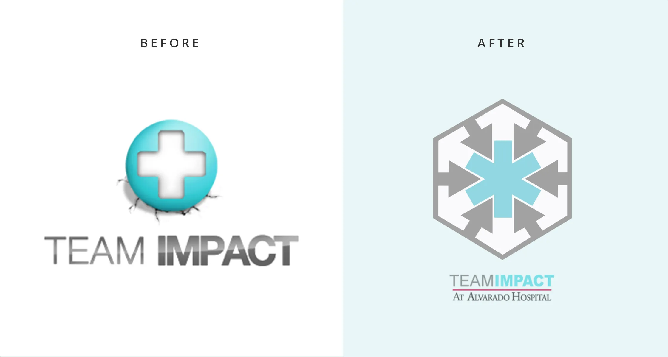 A before and after of the Team Impact at Alvarado Hospital logo: a dated glossy sphere and cross on the left, a clean hexagonal medical mark on the right