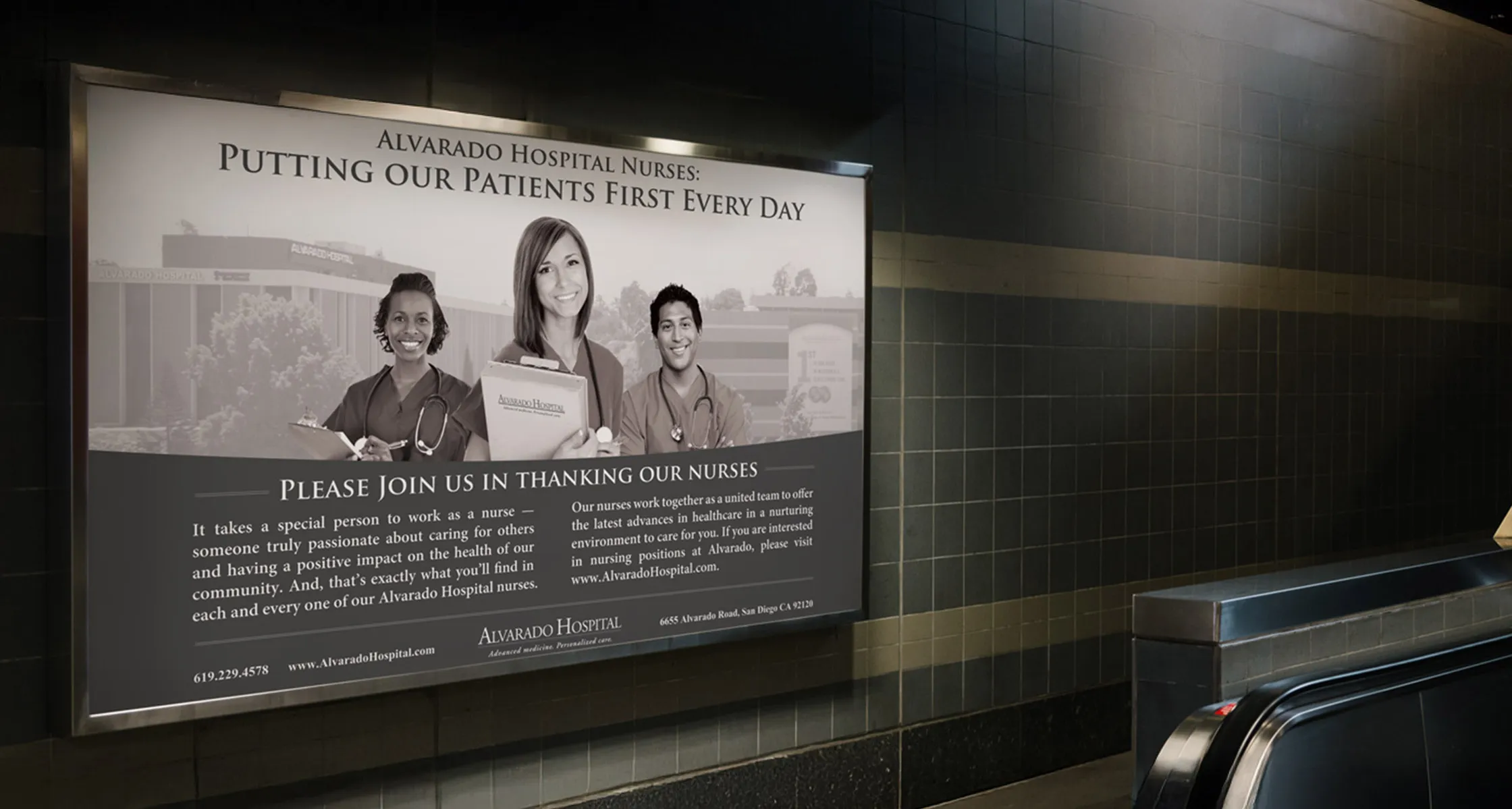A large Alvarado Hospital nurse-recognition advertisement mounted in a transit environment, reading Alvarado Hospital Nurses: Putting Our Patients First Every Day, with three nurses and the hospital exterior behind them