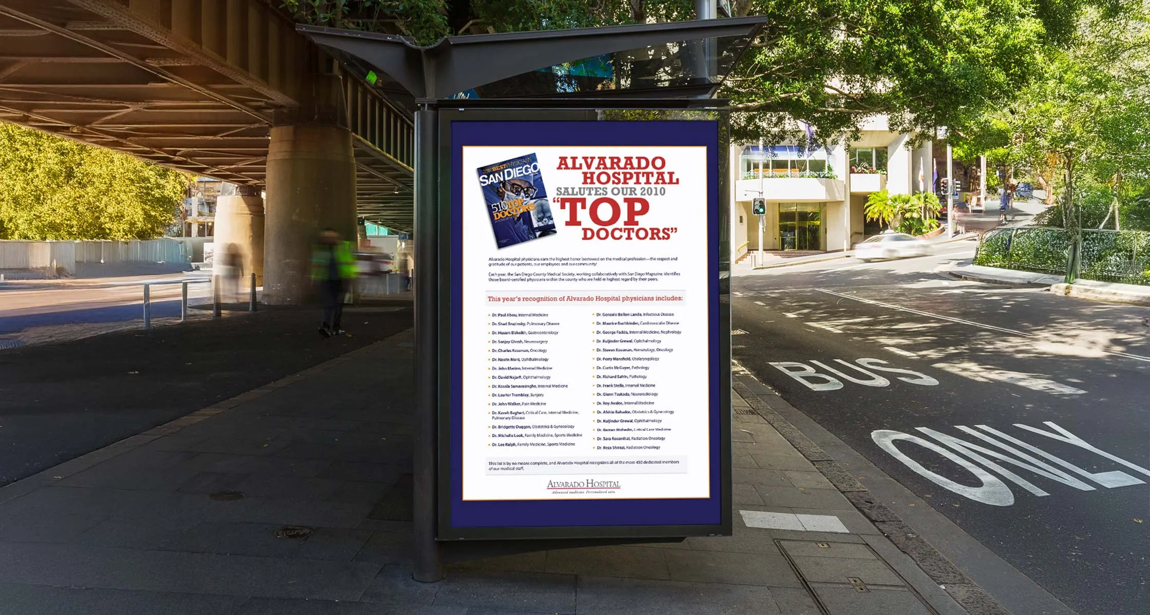 An Alvarado Hospital bus-shelter advertisement in a street setting, reading Alvarado Hospital Salutes Our 2010 Top Doctors, with a San Diego magazine cover and a physician list