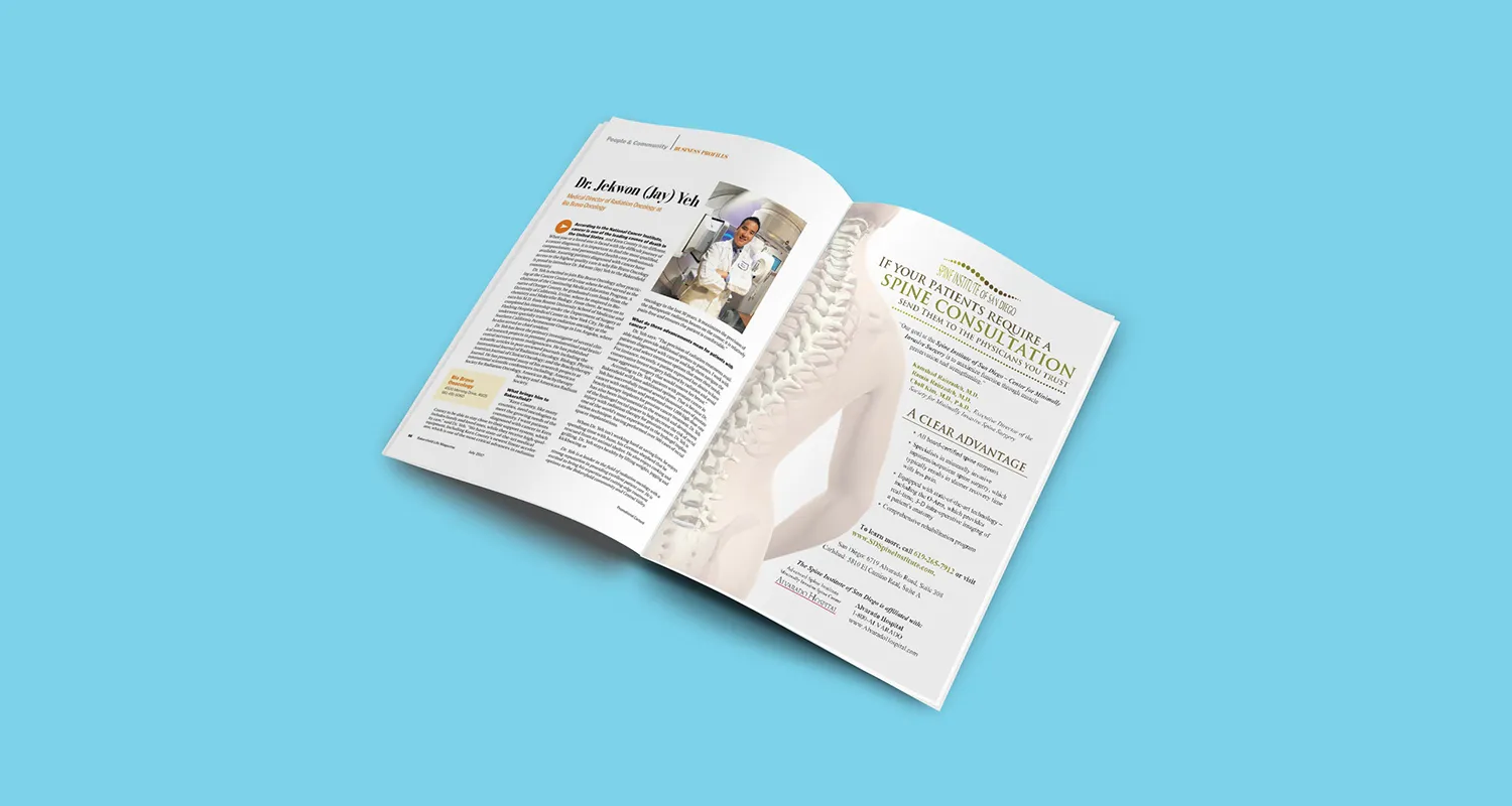 An open Alvarado Hospital Spine Institute brochure spread showing a photo-led article layout and columns of program information
