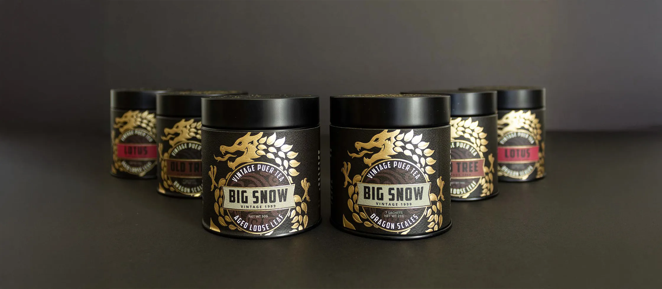 Dragon Gongfu premium tea tins and packaging lineup