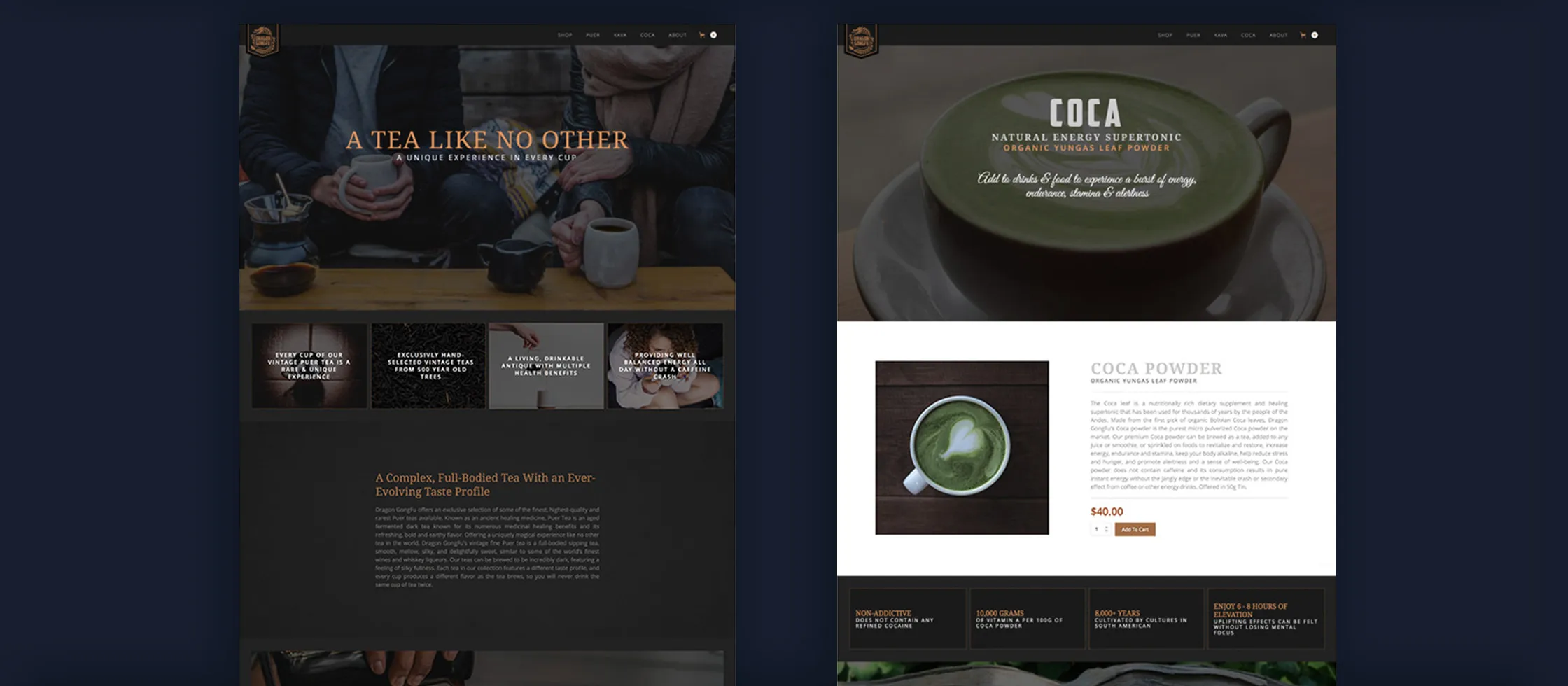 Dragon Gongfu storefront and a product-detail page with a product description, pricing, and an add-to-cart button