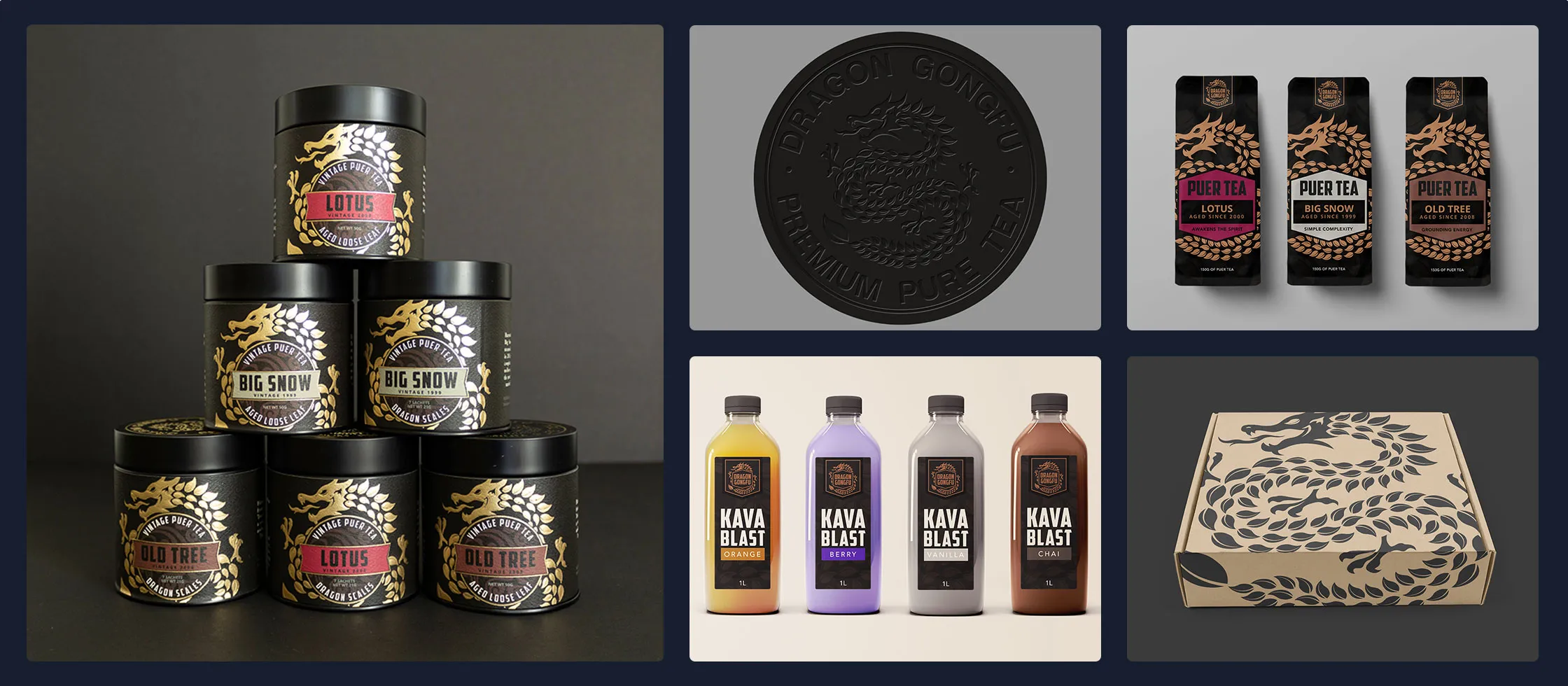 The Dragon Gongfu brand system across a tin lineup, label variants, bottled drinks, and a patterned box