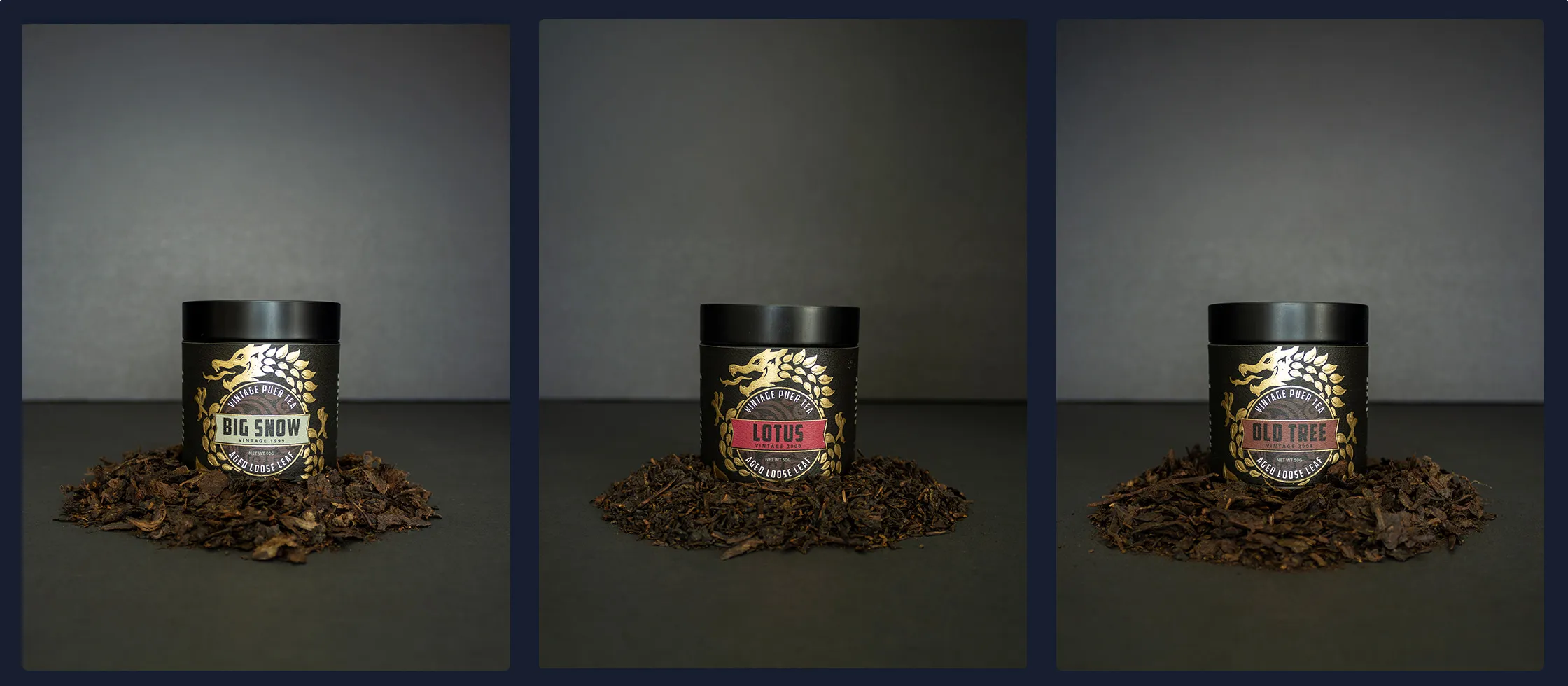 Three Dragon Gongfu tins photographed individually, each standing in a bed of its own loose leaf
