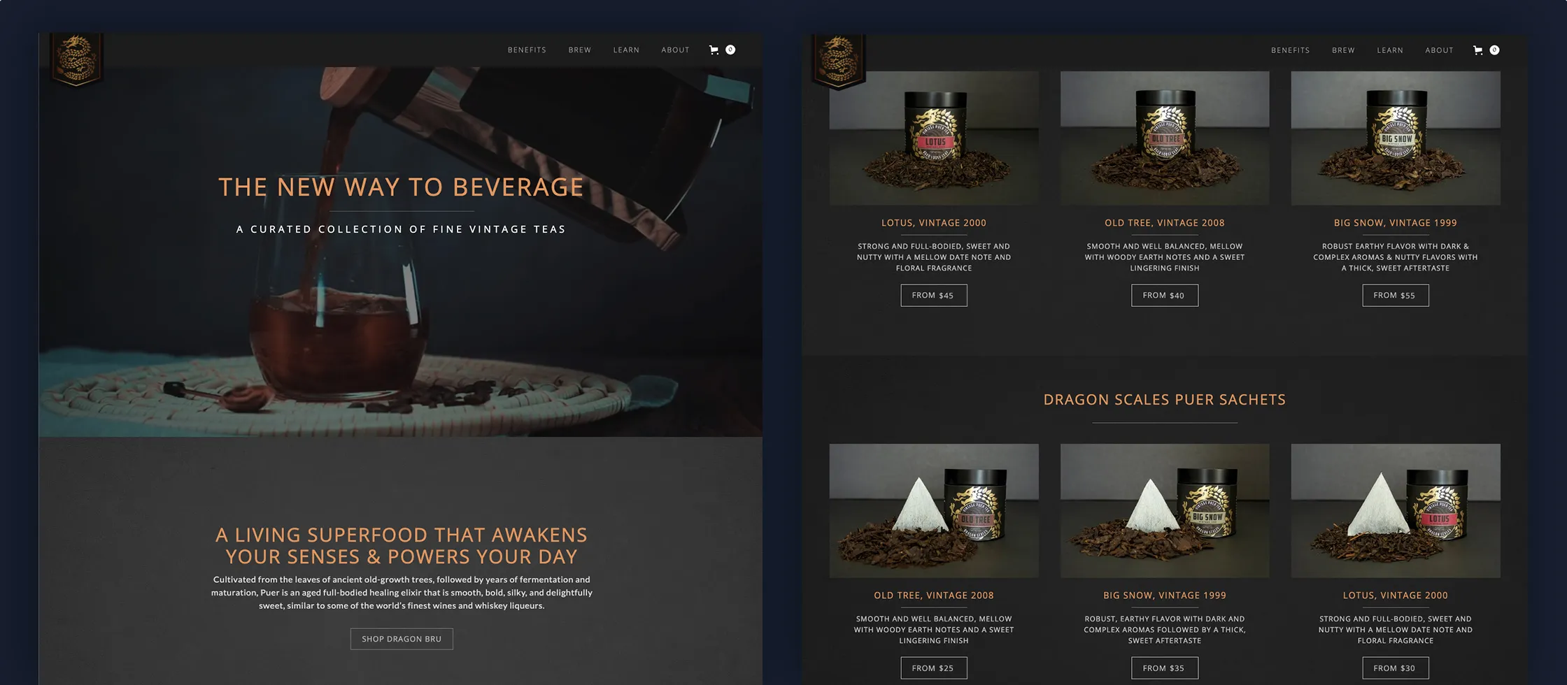 Dragon Gongfu e-commerce website: homepage, product pages, and pricing across the vintage tea collection