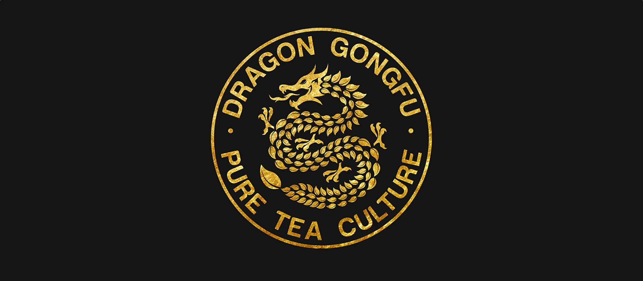 The Dragon Gongfu seal: a coiled gold dragon inside a ring reading Dragon Gongfu, Pure Tea Culture