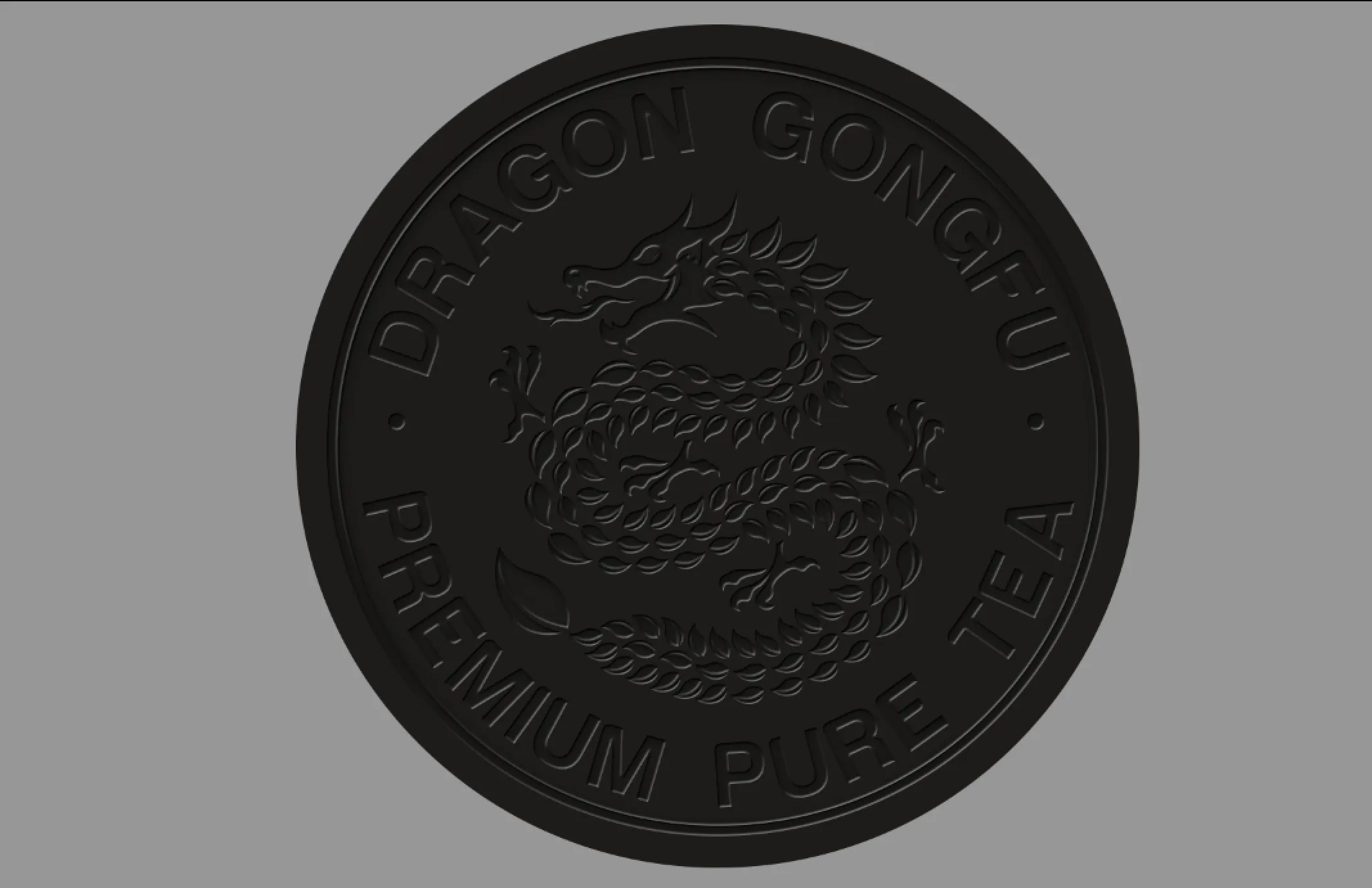 The Dragon Gongfu seal debossed into a black tin lid, raised in the same matte black as the surface