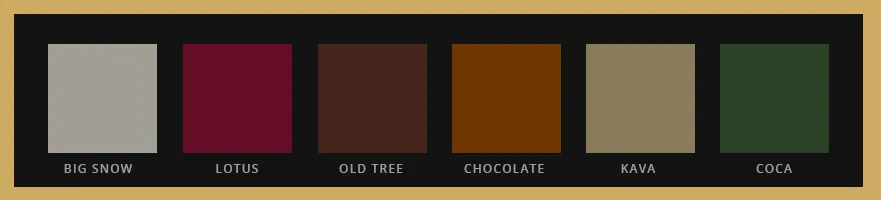 The label colour system: six swatches named Big Snow, Lotus, Old Tree, Chocolate, Kava, and Coca
