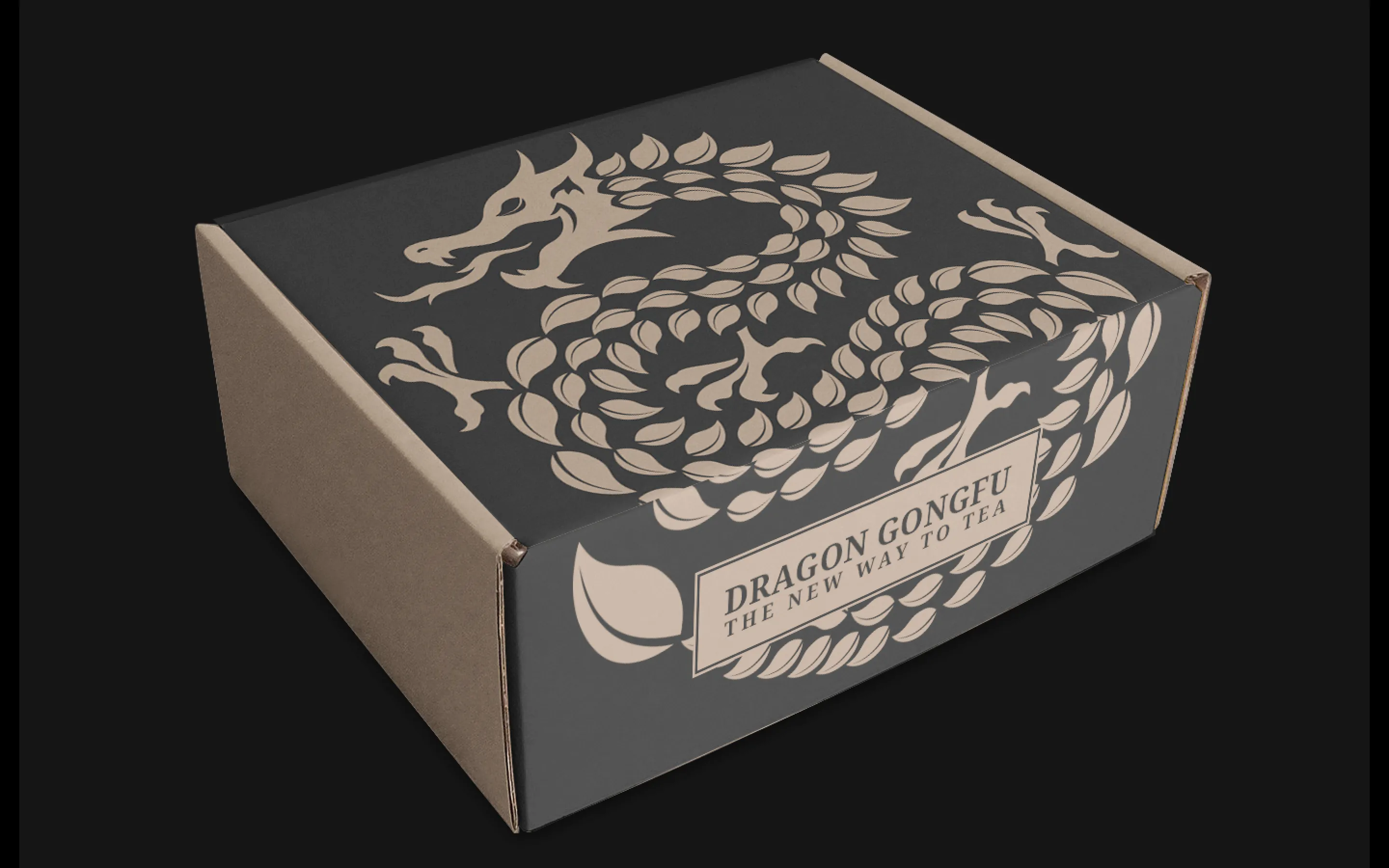 A matte black Dragon Gongfu shipping box printed edge to edge with the dragon-scale leaf pattern