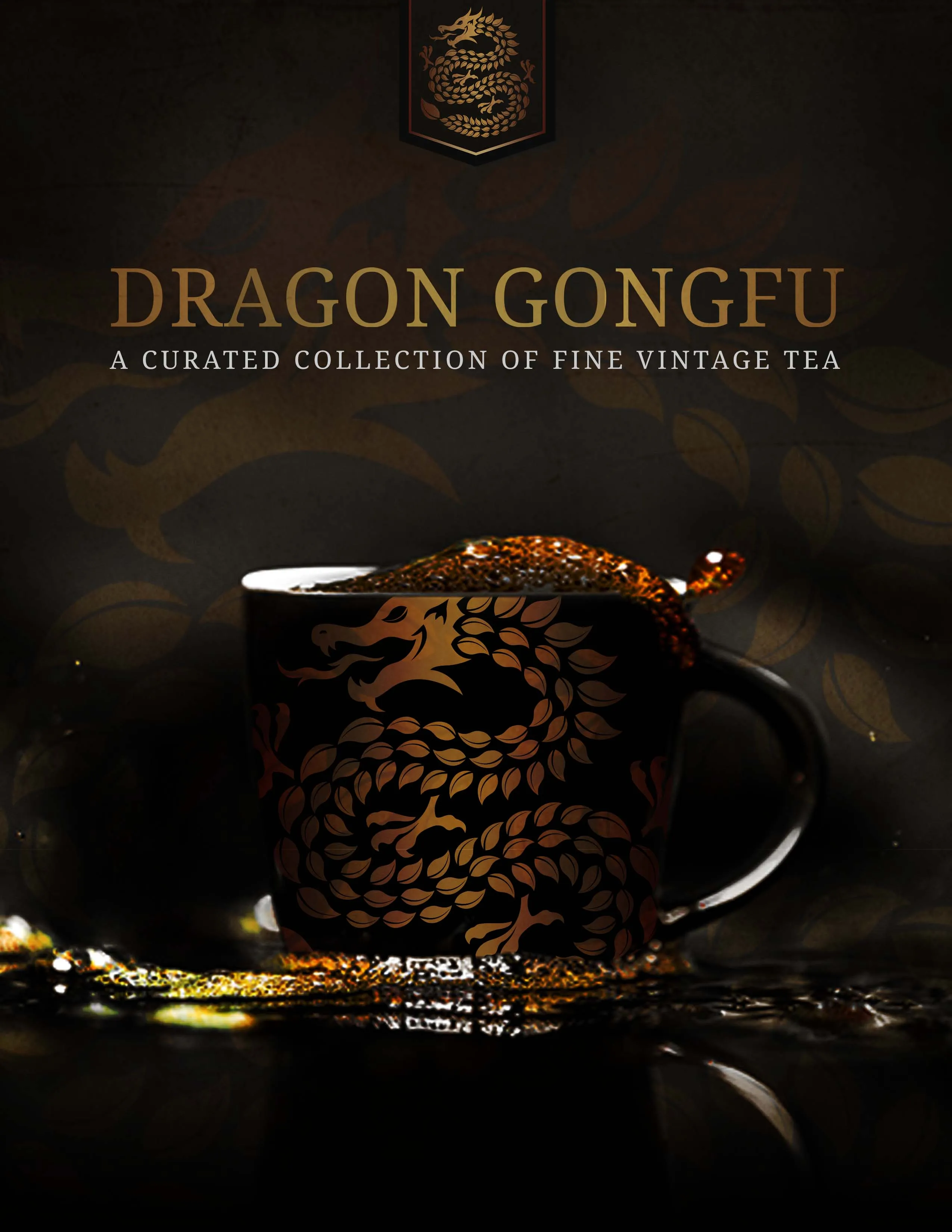 The 2020 Puer collection cover: tea poured into a dragon-wrapped cup