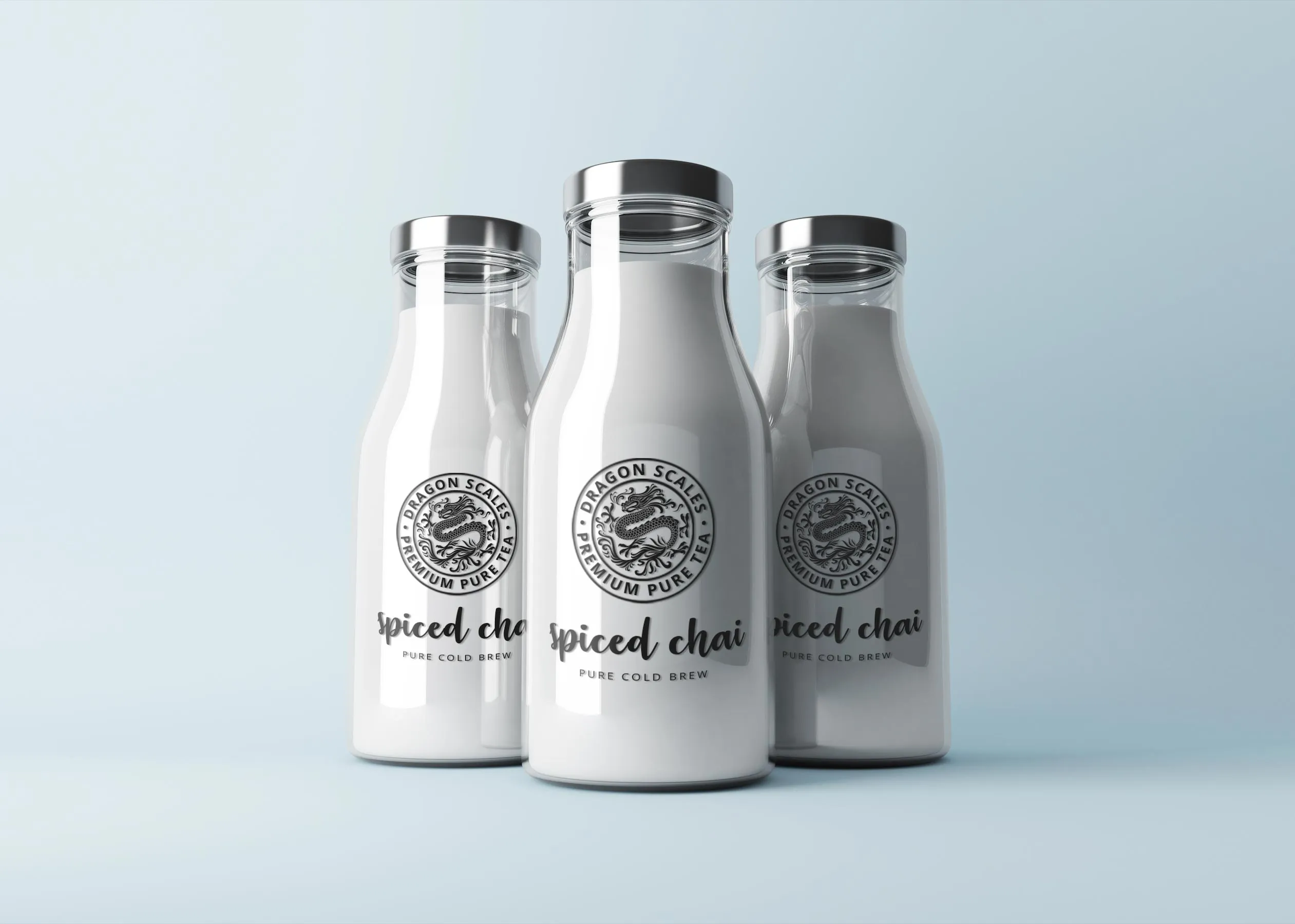 Three bottles of Dragon Gongfu spiced chai, each carrying the dragon seal