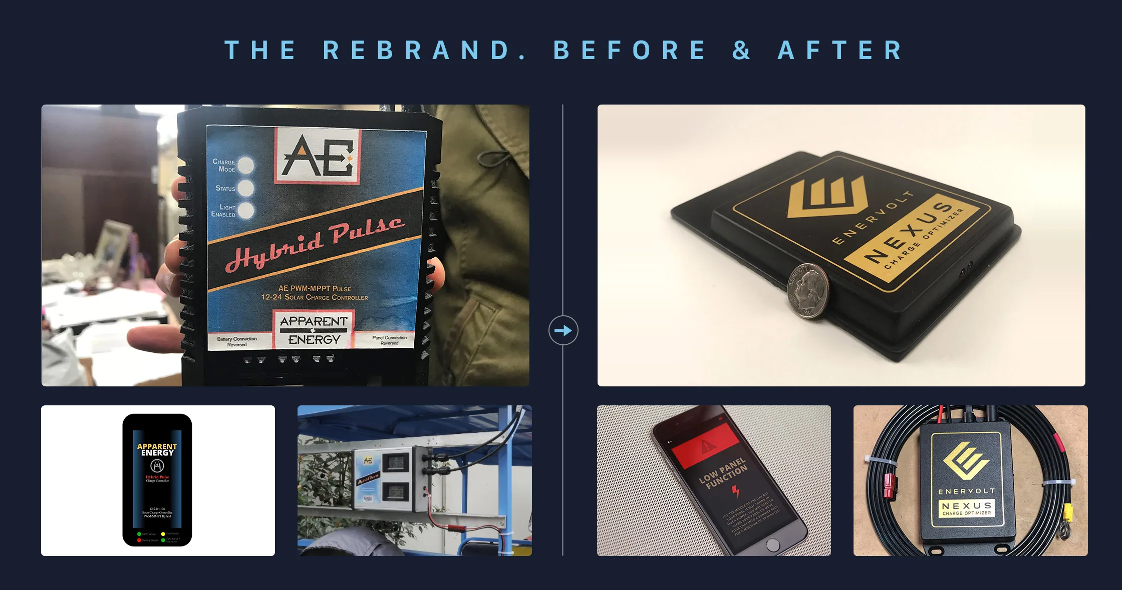 Enervolt rebrand shown before and after: the earlier Apparent Energy solar charge controller and app beside the new Enervolt Nexus Charge Optimizer and app