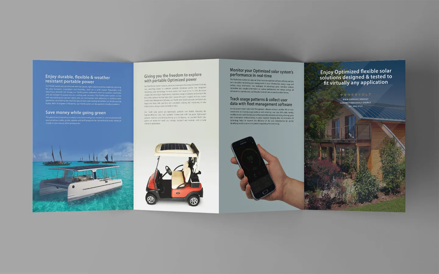 The Enervolt brand applied across a four-panel folded brochure, its panels running photography, headings, and body copy in the Enervolt colour and type system