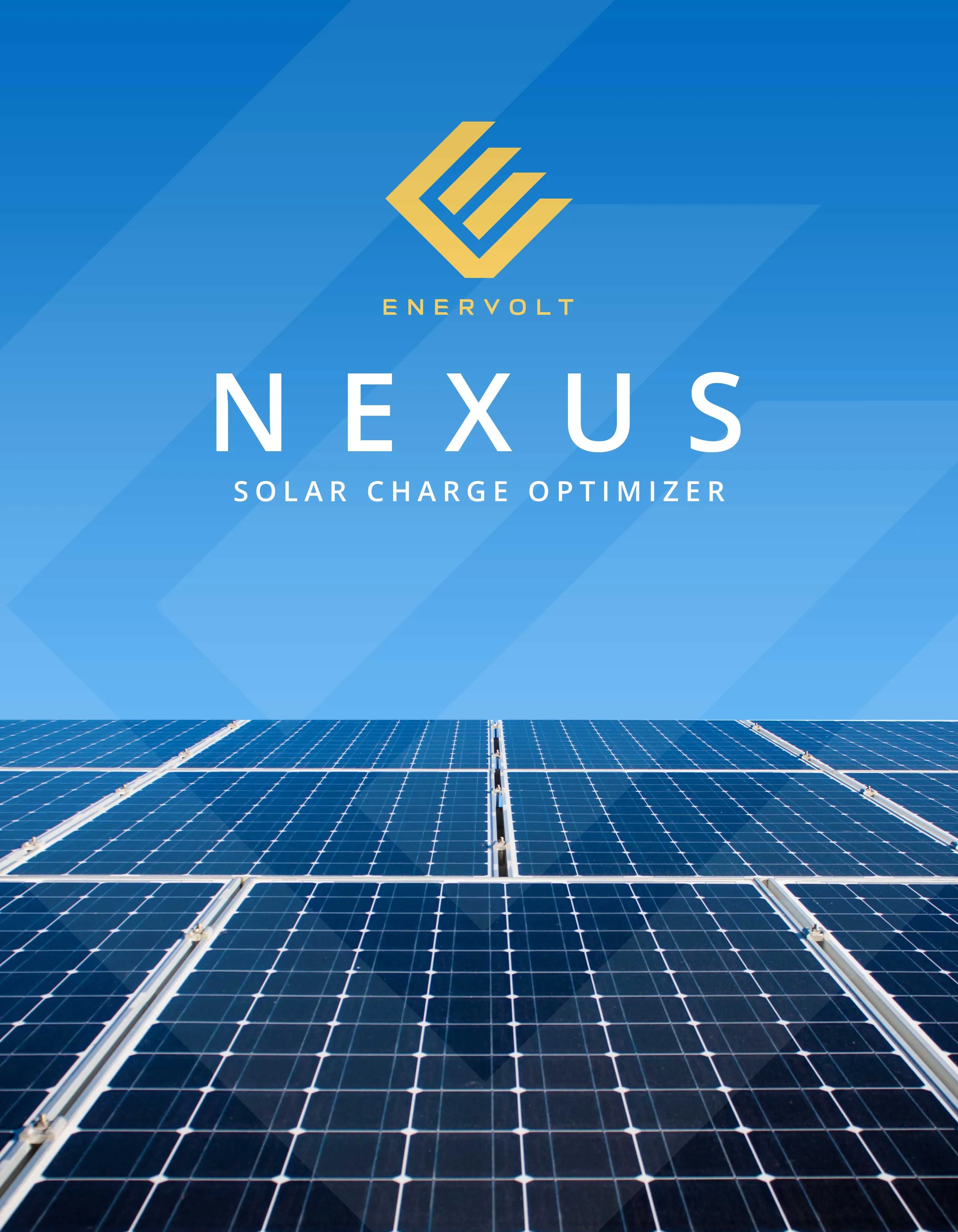 Product cover for the Enervolt Nexus Solar Charge Optimizer, with the Enervolt mark above the product name over an array of solar panels