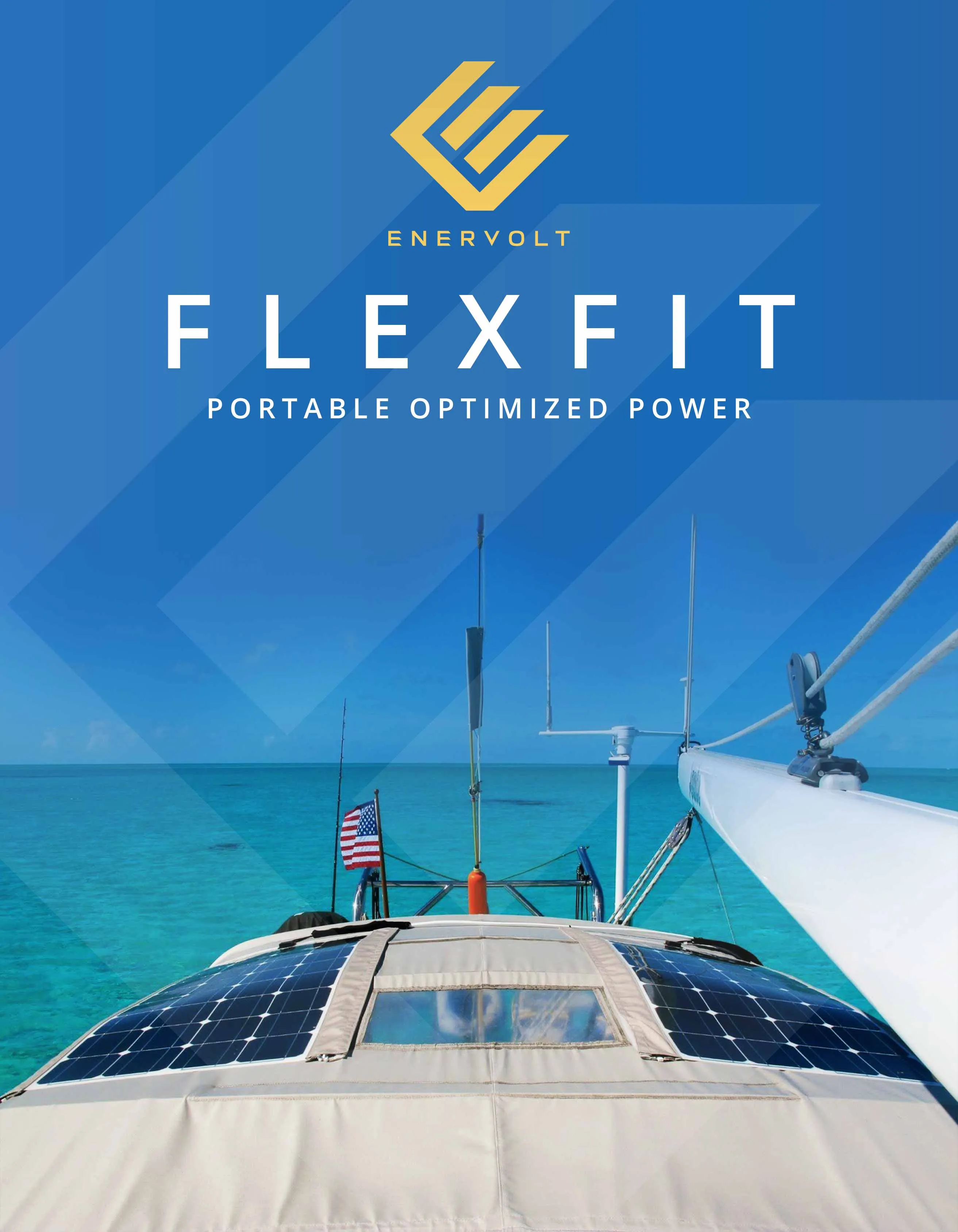 Product cover for Enervolt Flexfit, subtitled Portable Optimized Power, showing a flexible solar panel mounted on the foredeck of a boat