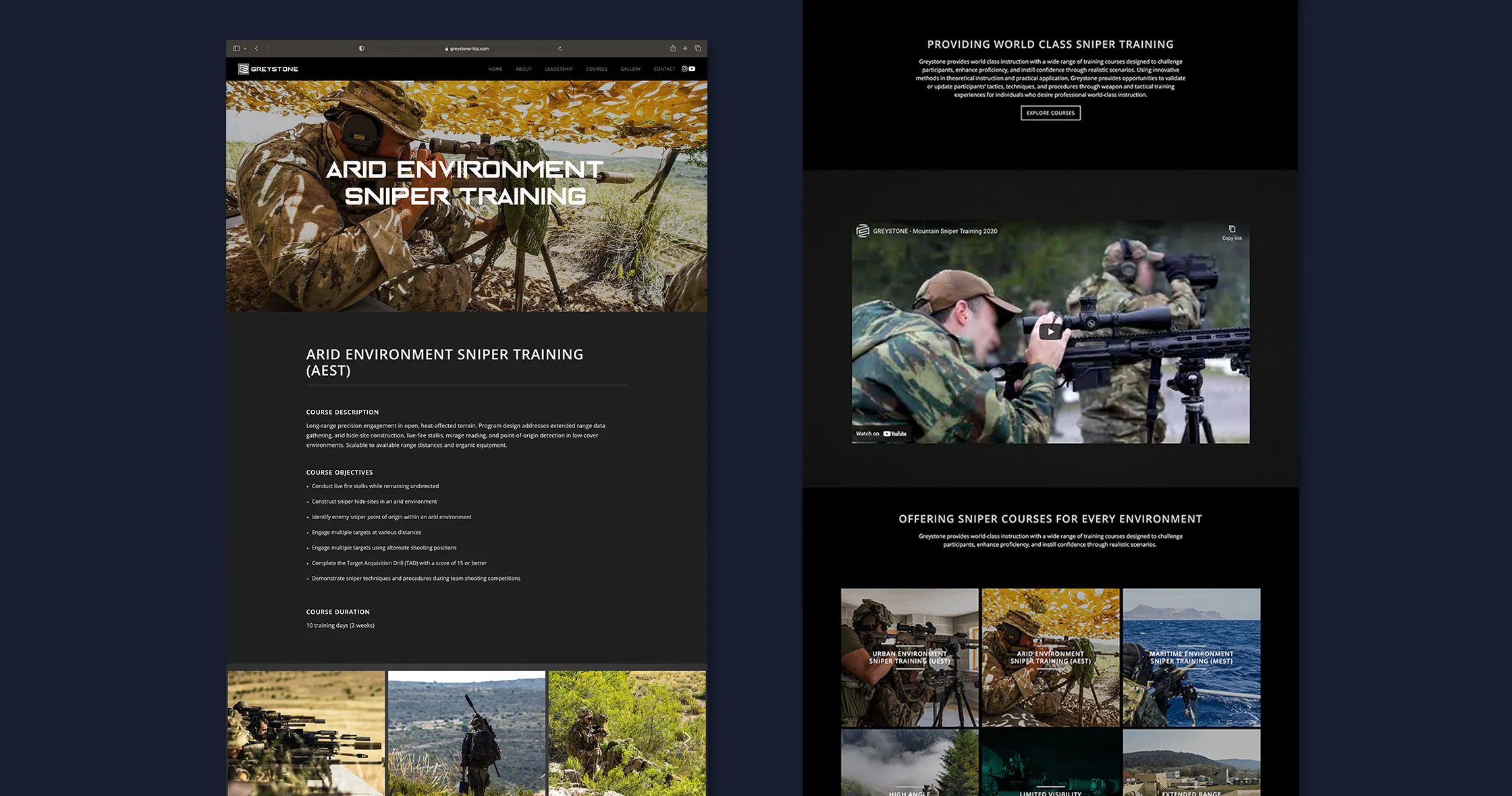 The Keeks-era Greystone website: a course-detail page and the homepage sections with the course overview