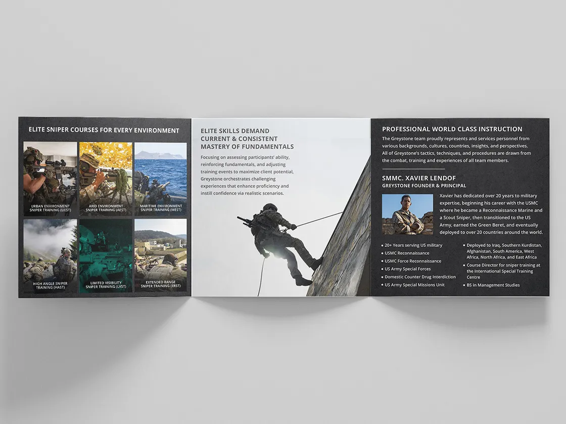 A Greystone printed course-materials brochure showing the course range and leadership content