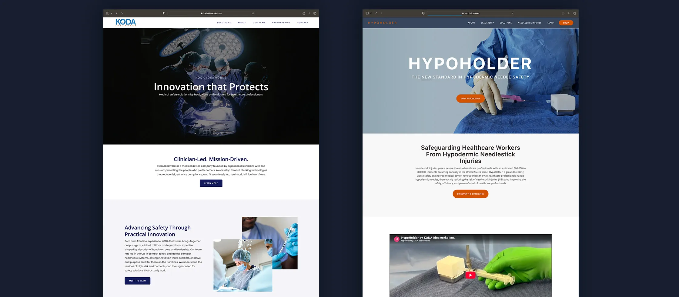 Two websites side by side: the KODA Ideaworks parent-brand site headed Innovation that Protects, and the HypoHolder product site