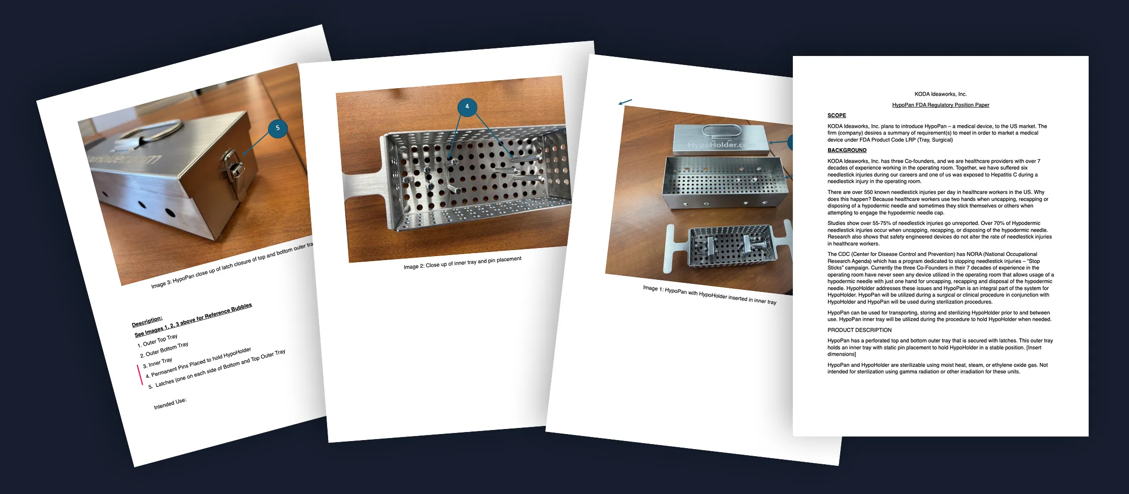 Product documentation pages fanned out: annotated photographs of the HypoPan tray with numbered callouts, beside a written KODA Ideaworks regulatory position paper