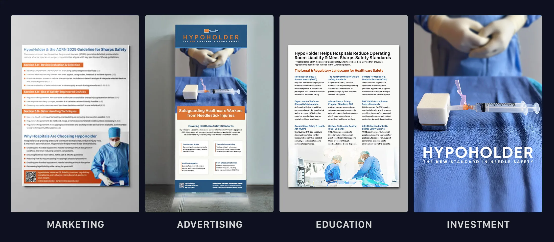 Four HypoHolder pieces shown together and labelled Marketing, Advertising, Education and Investment