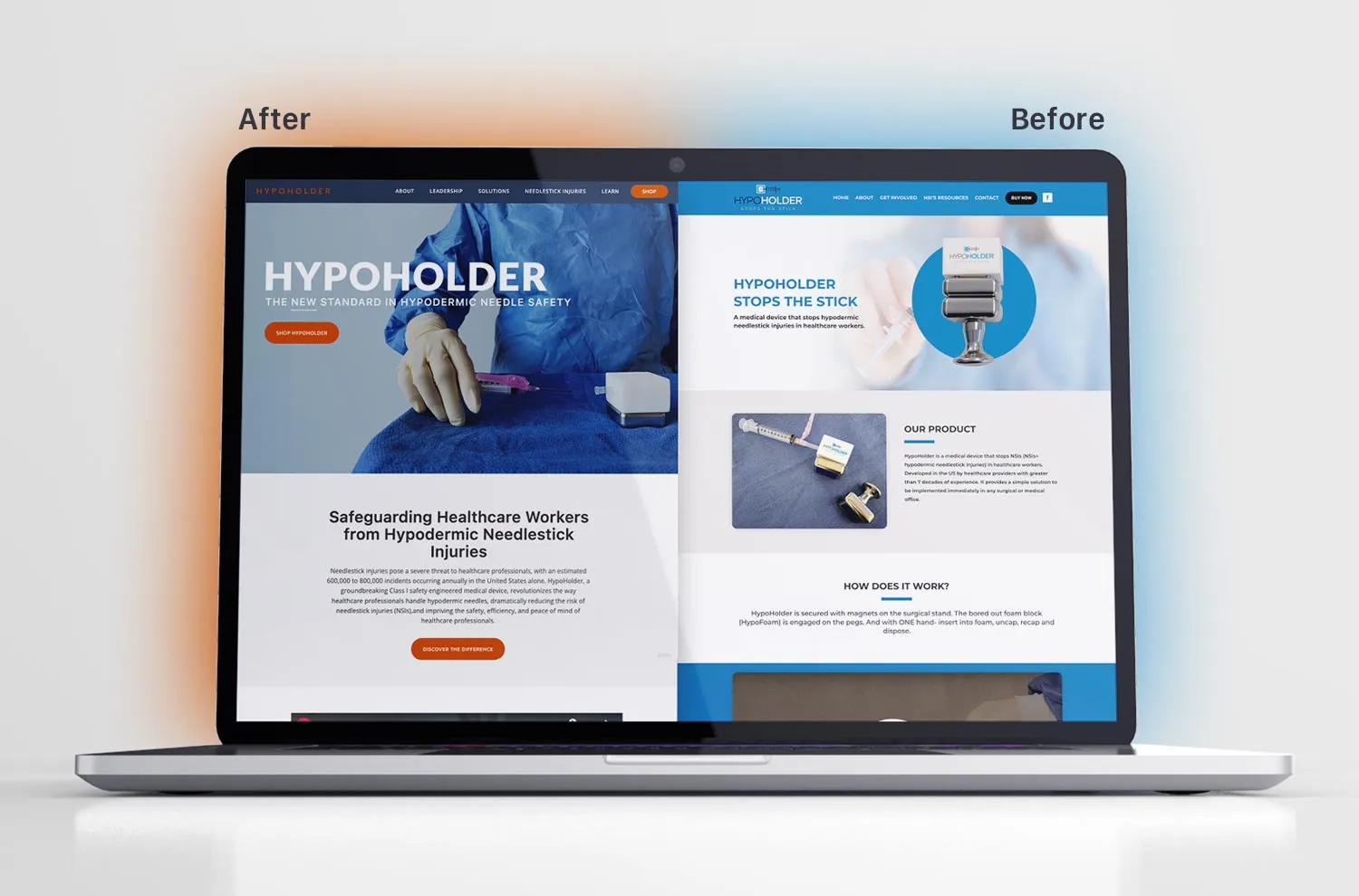 A laptop showing the HypoHolder website after and before the redesign: the new full-bleed clinical hero on the left, the earlier product-panel layout on the right