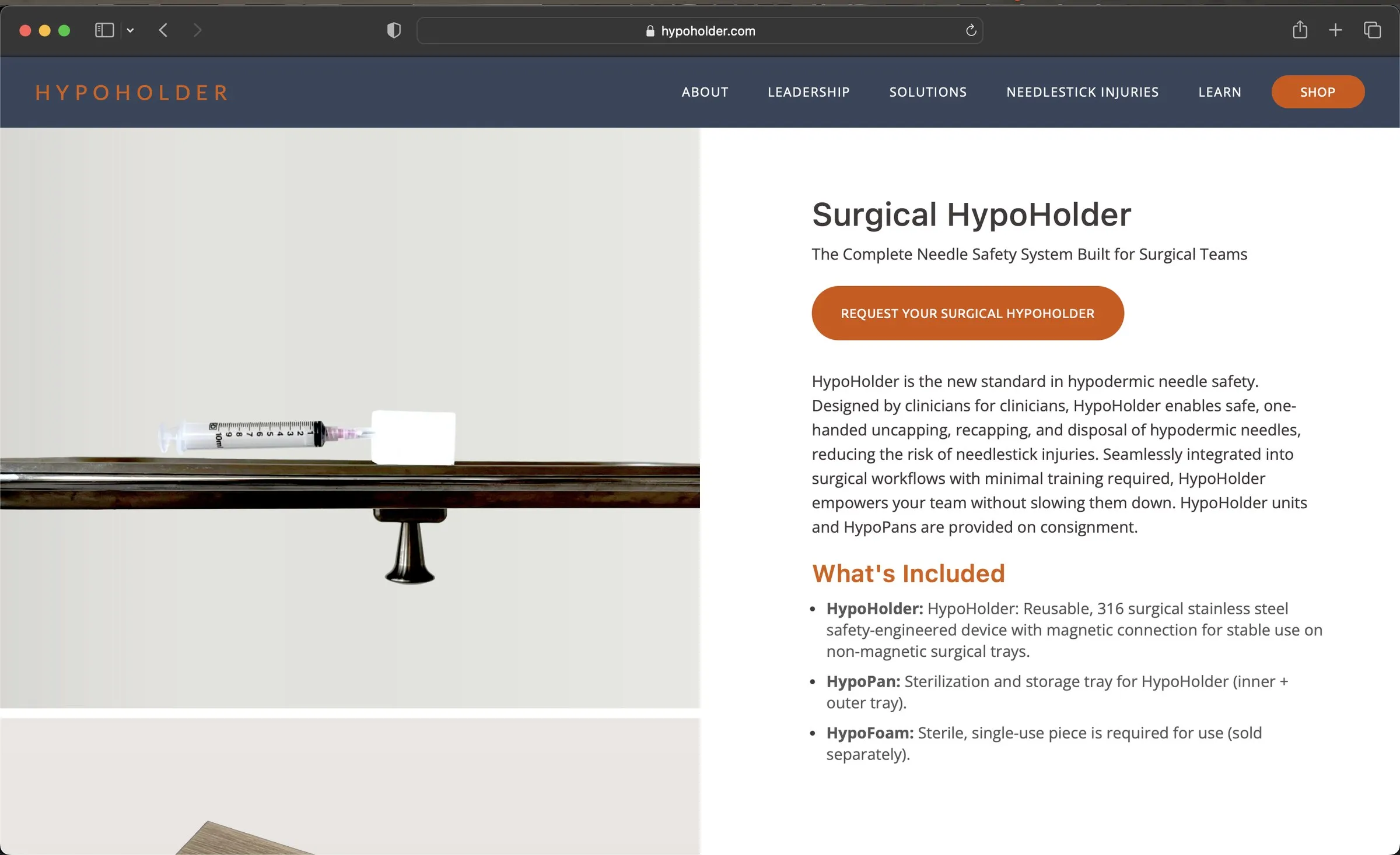 The Surgical HypoHolder product page on hypoholder.com, with the product photography, a Request your Surgical HypoHolder button, and a What’s Included list