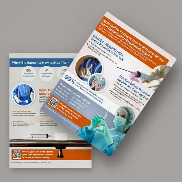 Two product-education sheets overlapping: a needlestick-injury explainer and a HypoHolder product sheet