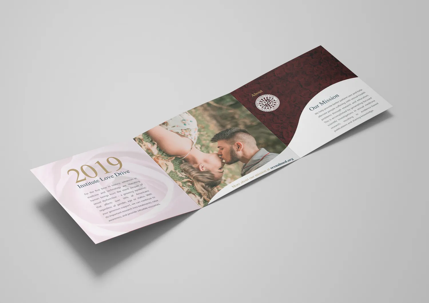 The 2019 Institute Love Drive trifold for the Institute for Sexual Medicine, opened to its mission panel