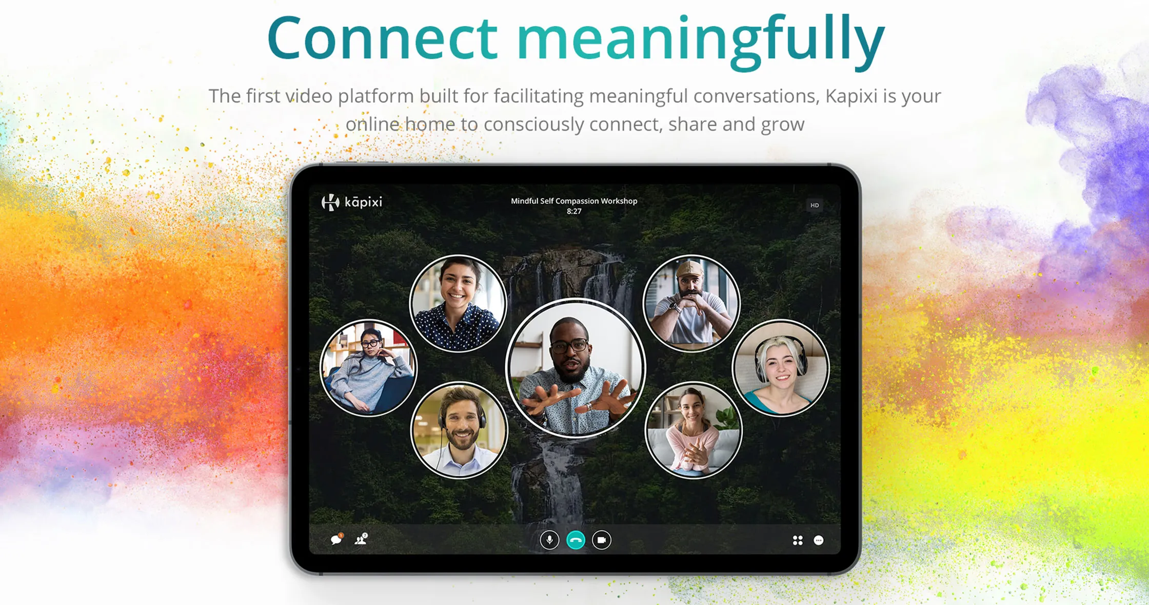 The Kapixi statement Connect meaningfully beside a tablet showing a live session with participants arranged around the speaker