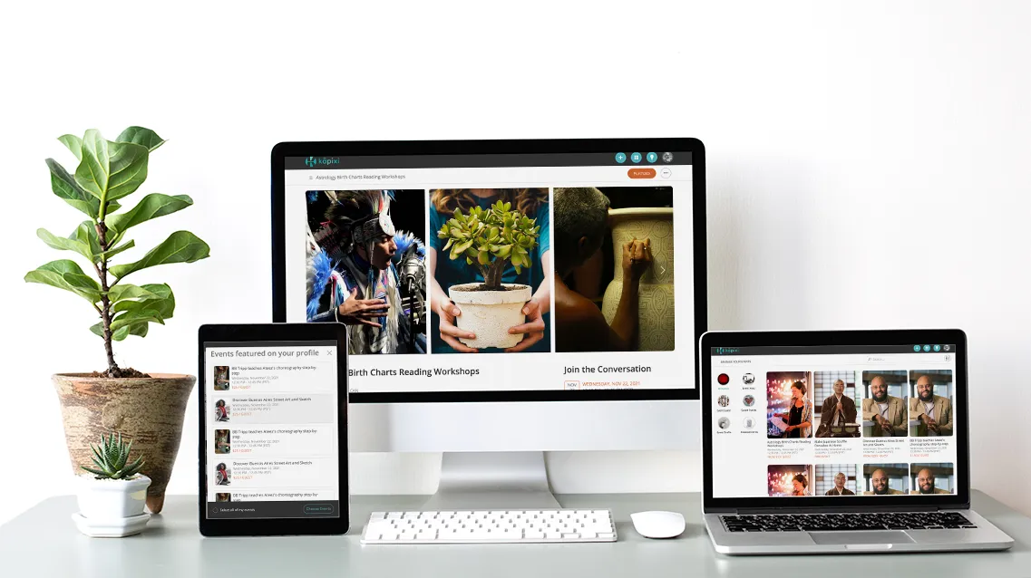 The public Kapixi web experience across a monitor, tablet and laptop: an event page with a purchase button, a host directory, and a profile panel