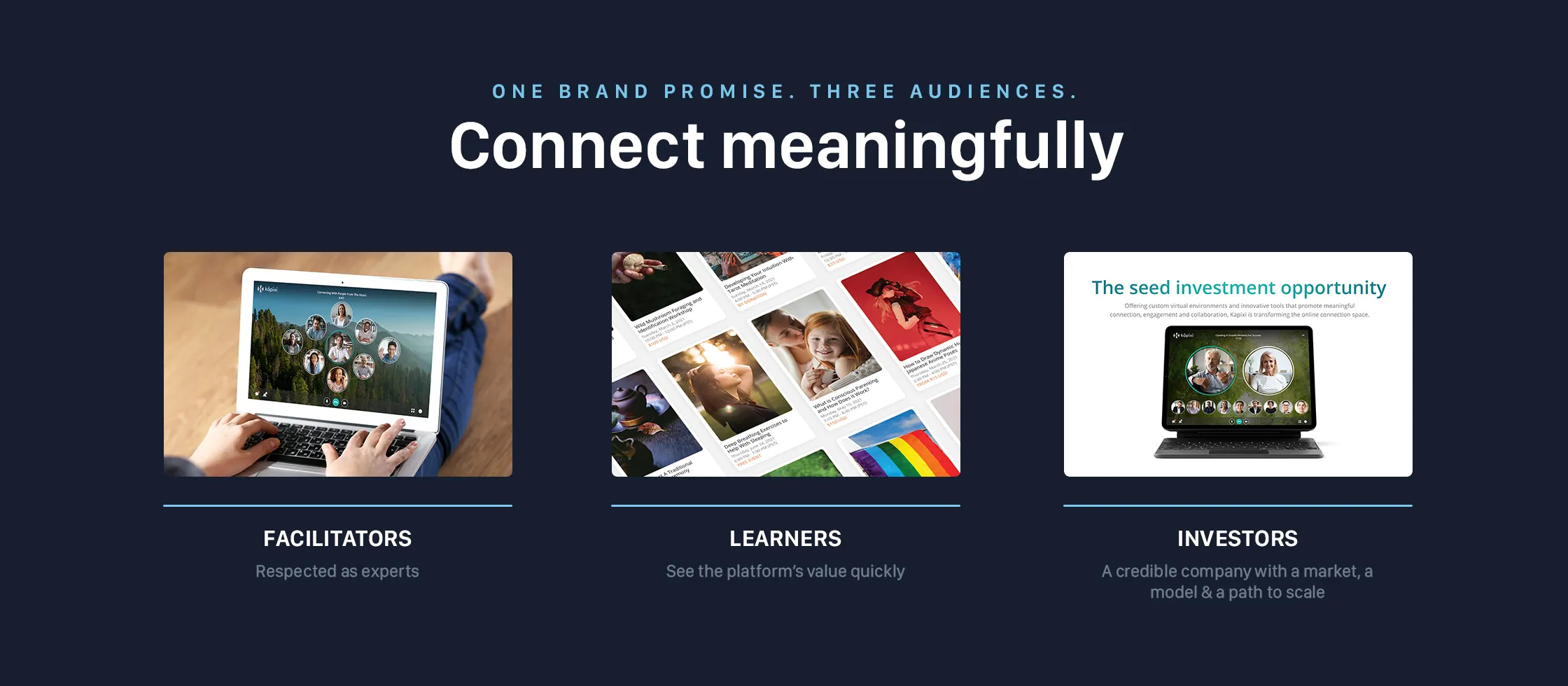 A board headed One brand promise, three audiences, setting out what facilitators, learners and investors each needed to see