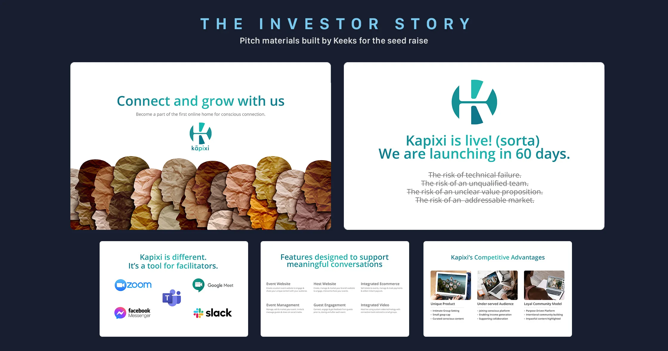 Pitch materials built for the seed raise: slides covering the product’s difference from general video tools, its feature set, and its competitive position