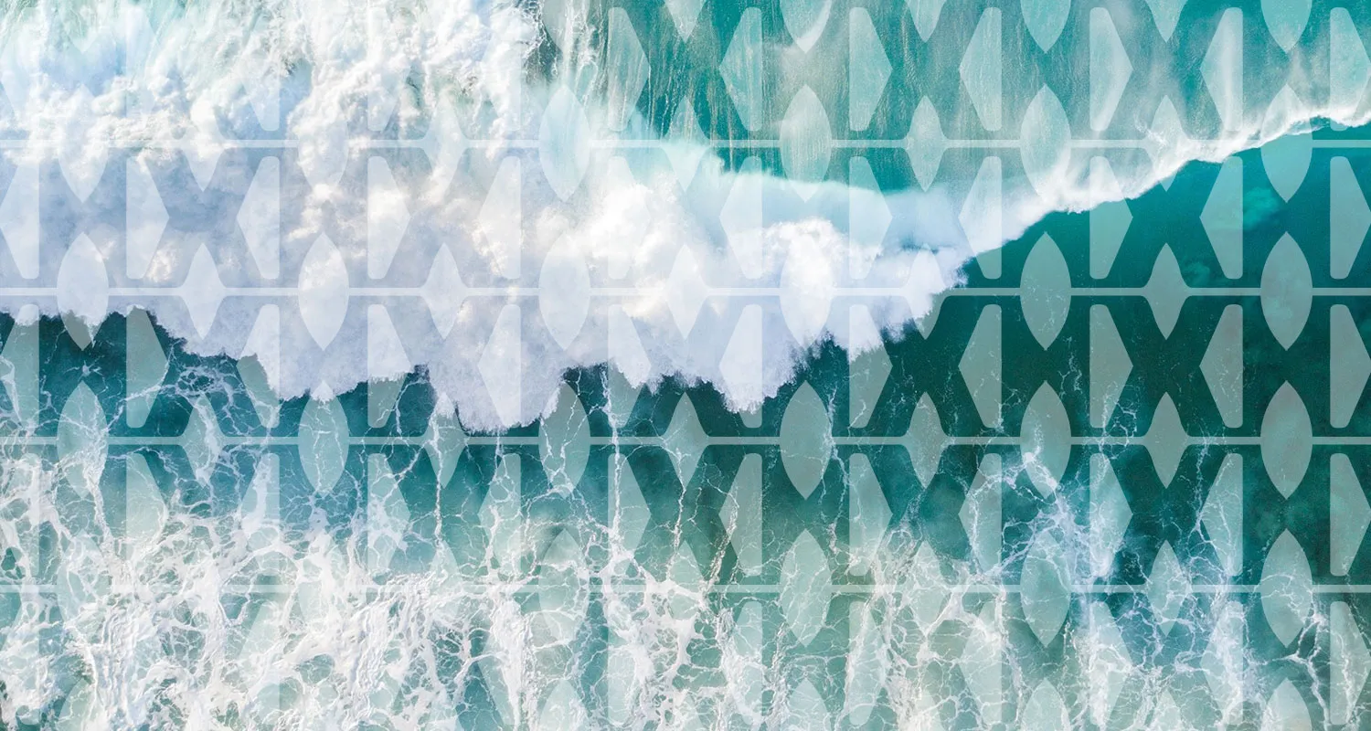 The brand pattern: a lattice drawn from the mark’s geometry laid over an aerial photograph of a breaking wave