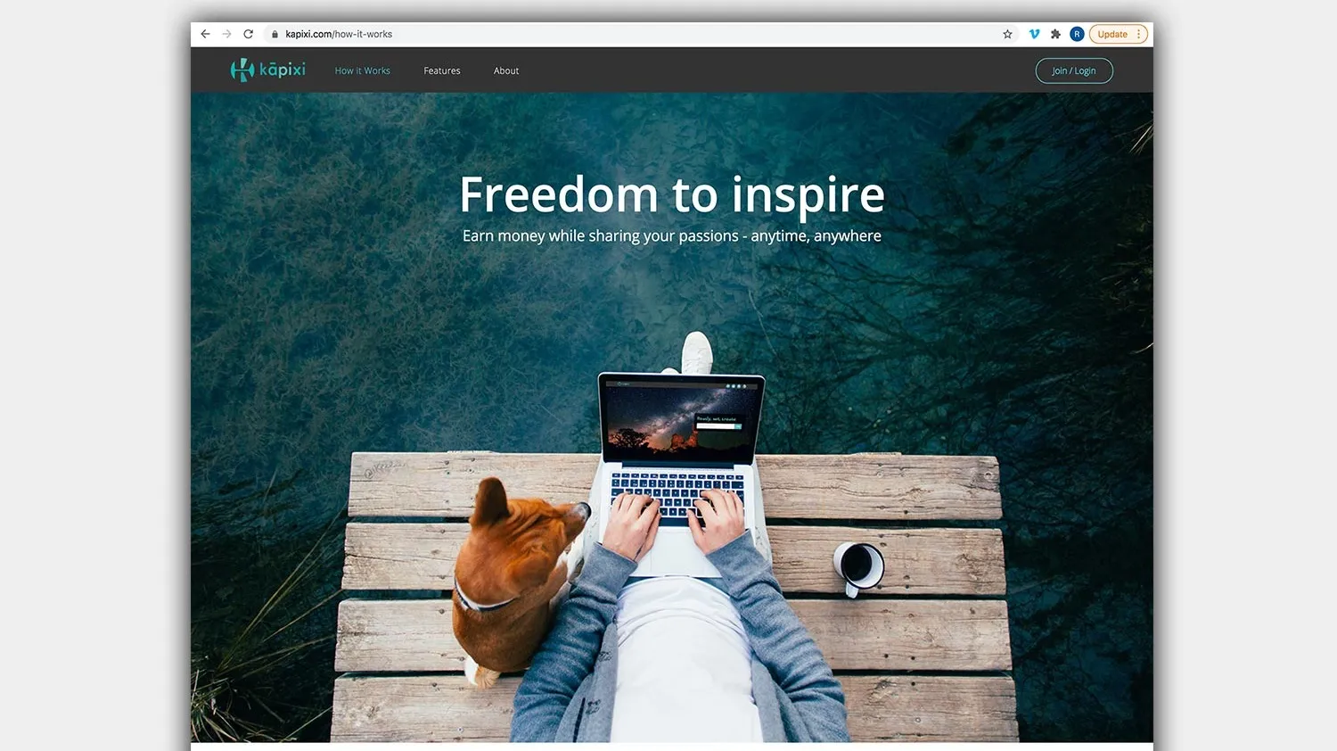 The top of kapixi.com in a browser: the navigation and the headline Freedom to inspire over a photograph of someone working outdoors