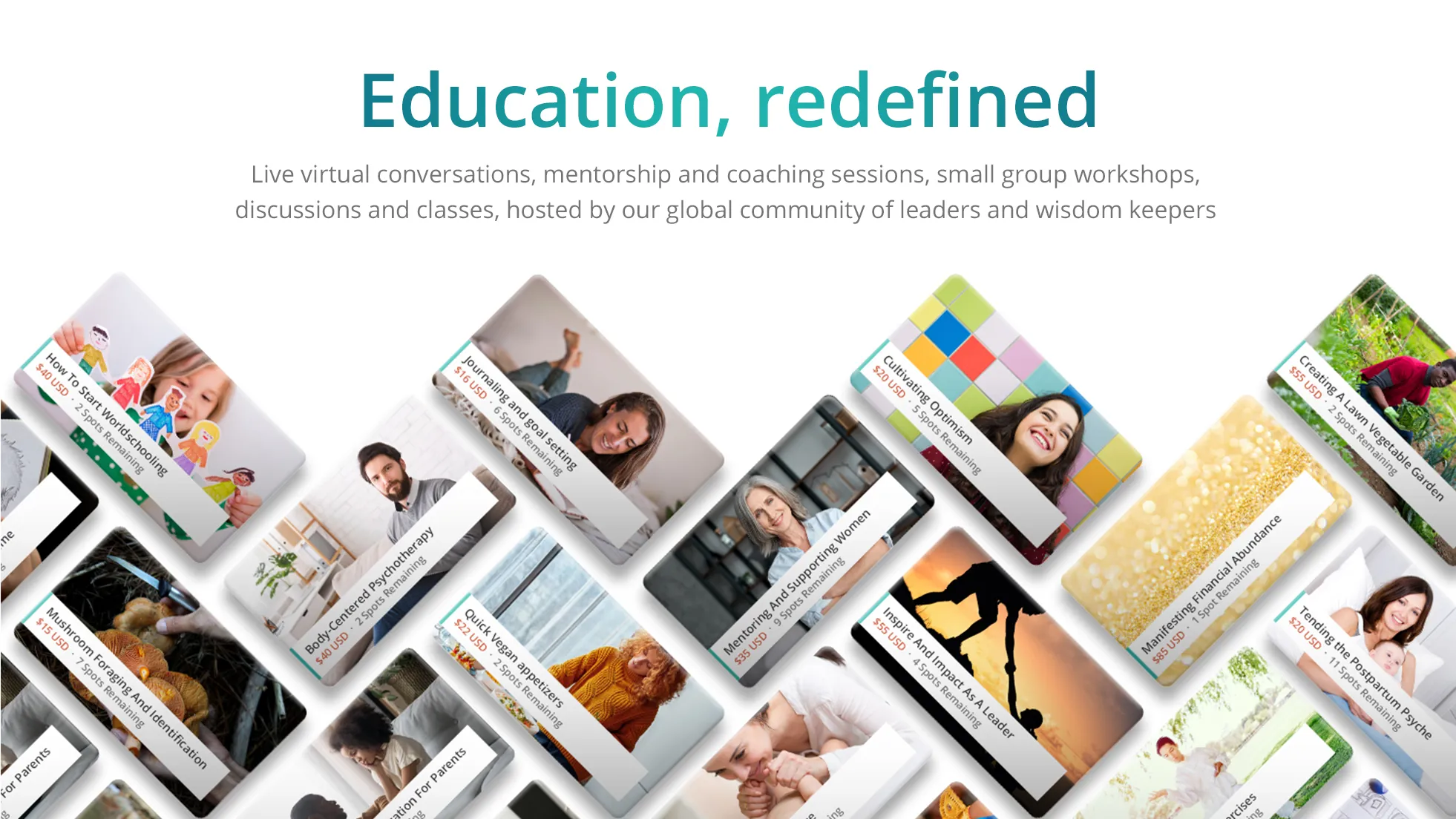 A marketing statement headed Education, redefined above a dense collage of session cards, each with a title, price and remaining places