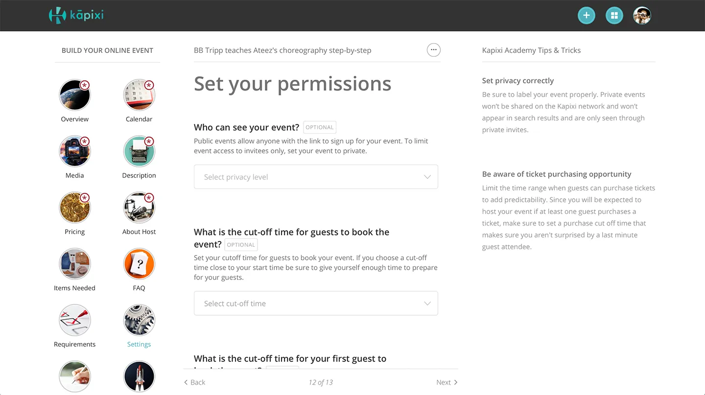 The event builder: a thirteen-step left rail, a permissions step with optional fields, and a tips panel on the right