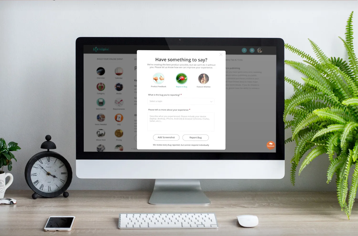 An in-product panel offering product feedback, bug reporting and a feature wishlist, with a field describing the browser and device