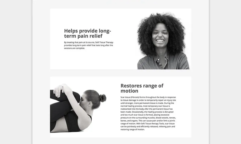 A content section of the same website: two panels that alternate a photograph and a written block left to right