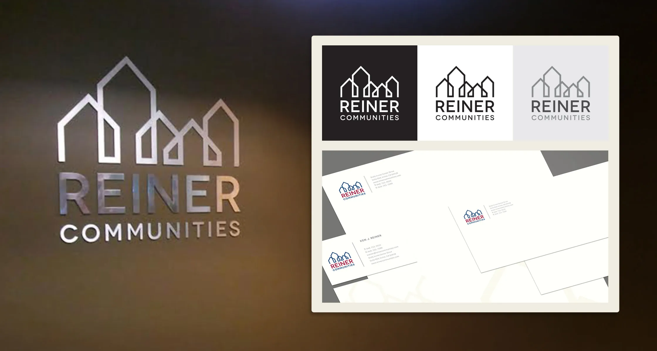 The Reiner Communities corporate identity: a dimensional logo mounted on a wall, logo color variations, and business-card and letterhead stationery