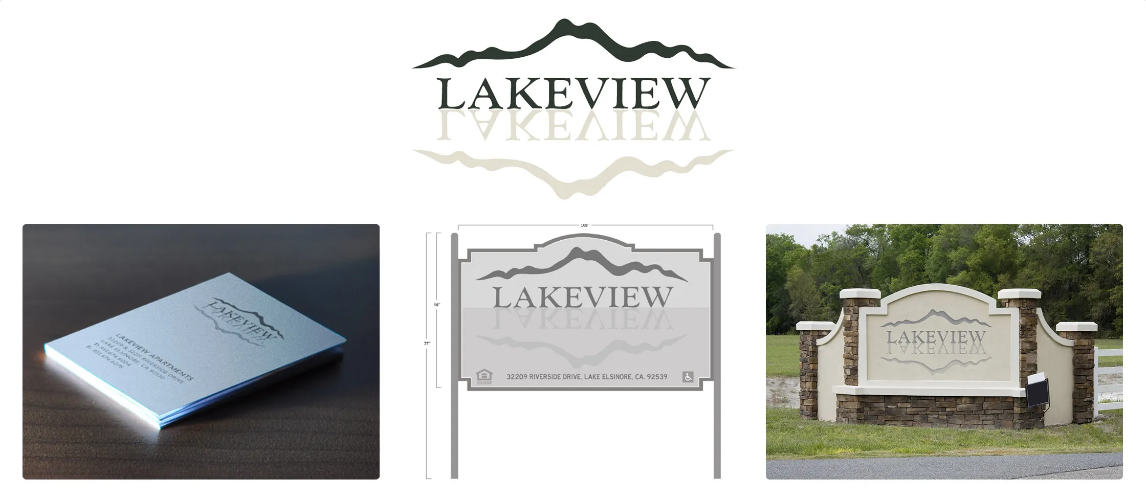 The Lakeview community identity: the Lakeview logo, a business card, a monument-sign drawing, and the installed stone monument sign
