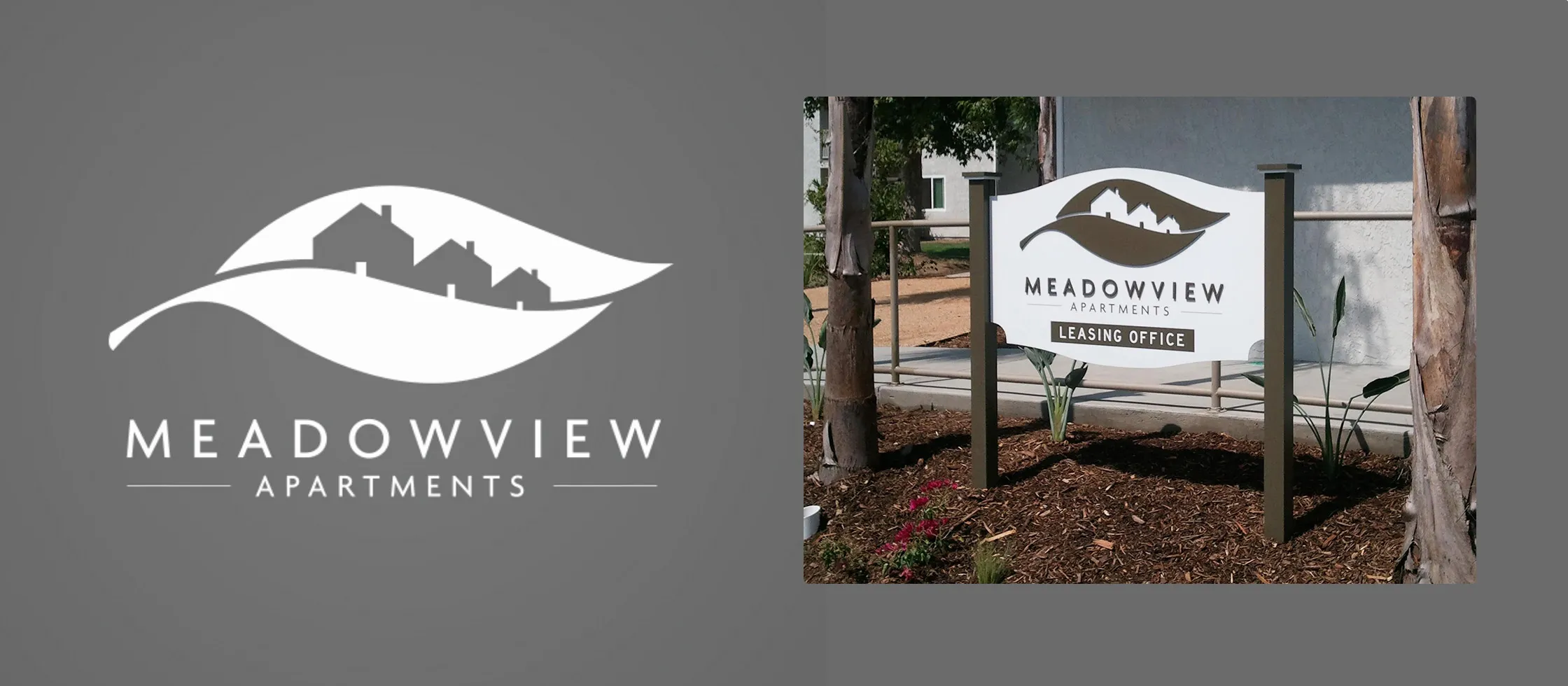 The Meadowview Apartments community identity: the community logo and its installed leasing-office monument sign