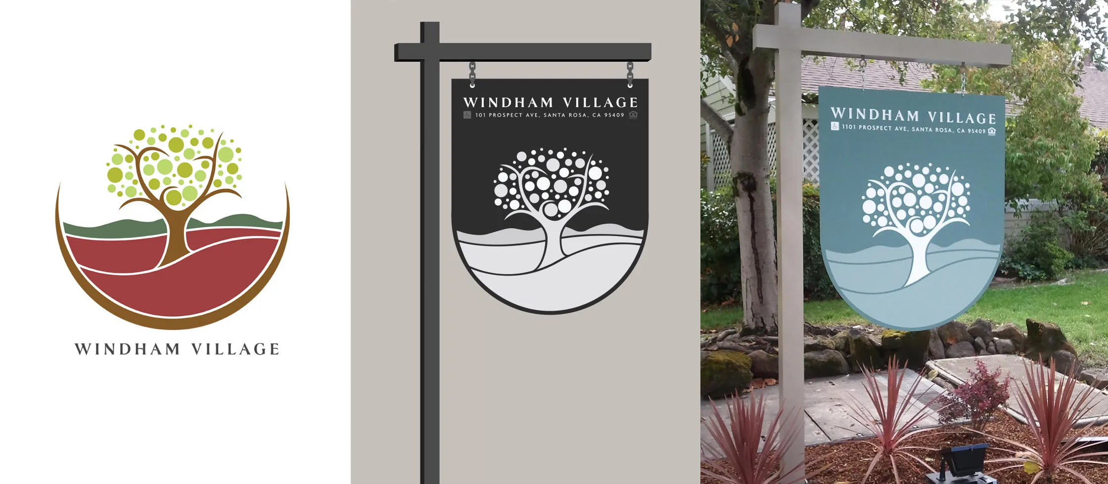 The Windham Village community identity: the community logo and its installed hanging property sign in a garden