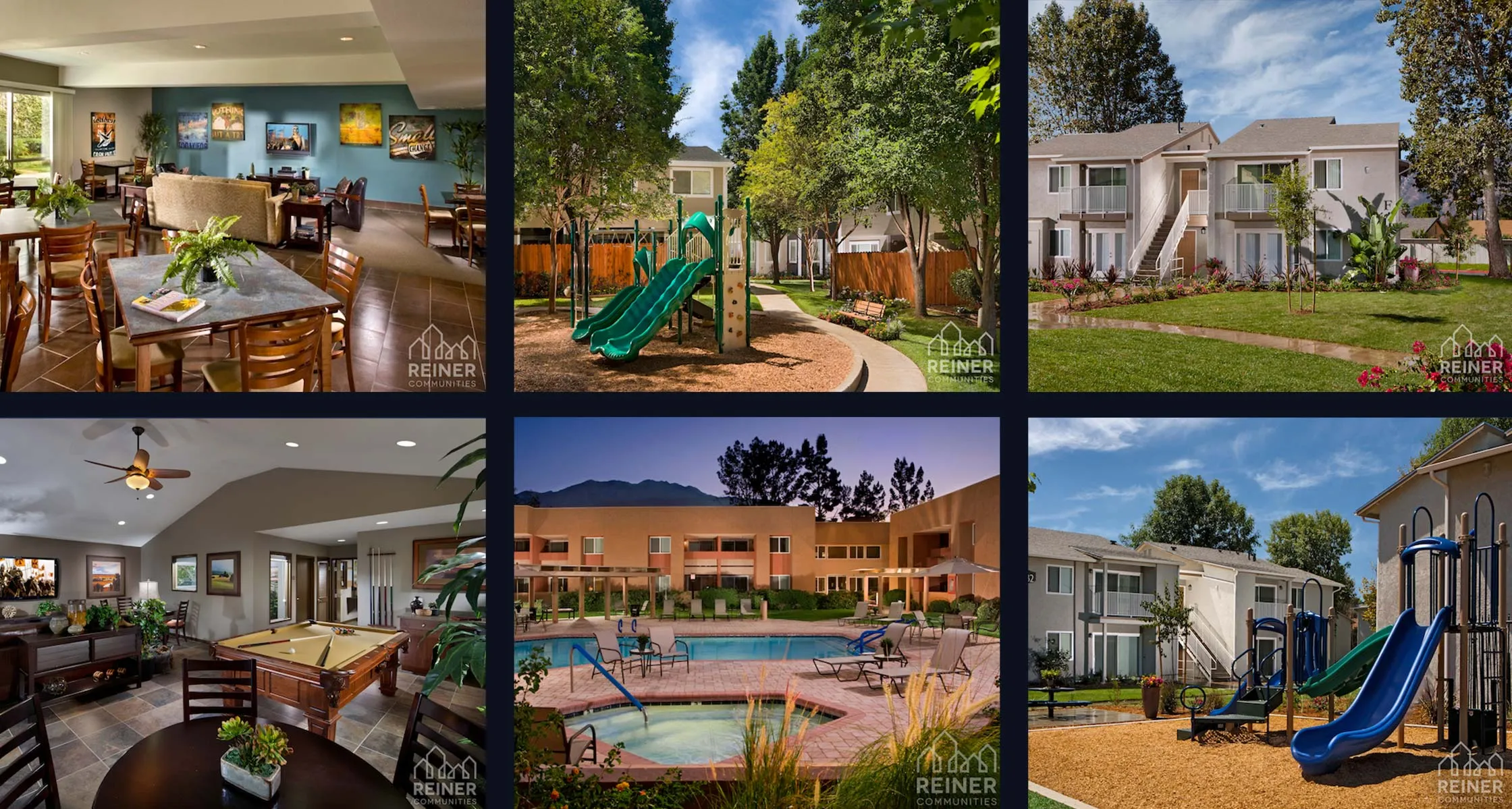 A grid of processed Reiner Communities property photographs: community rooms, a playground, apartment exteriors, and a pool courtyard at dusk