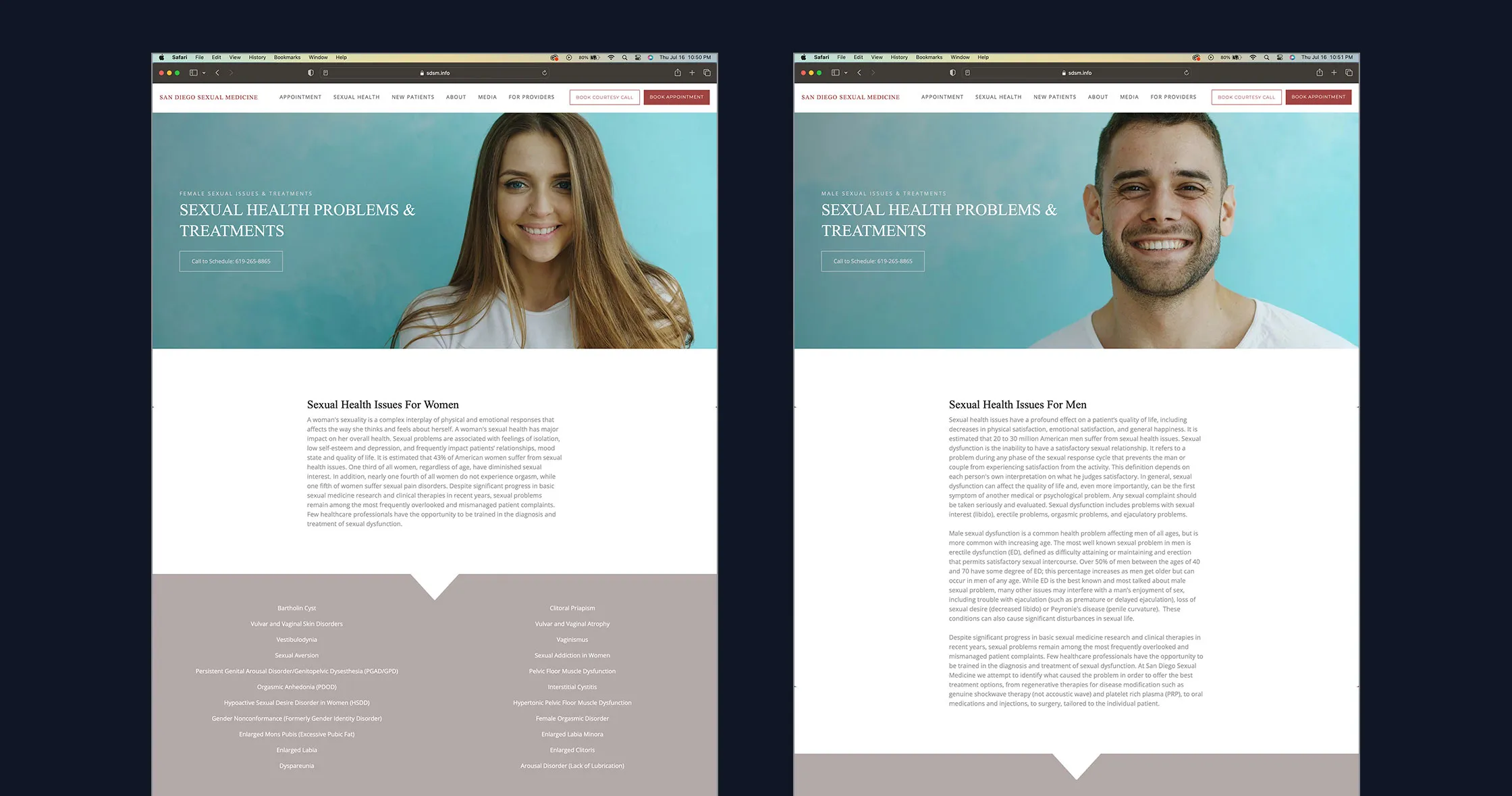 San Diego Sexual Medicine website knowledge pages for male and female sexual health, organized by issues, risk factors, tests, and treatments