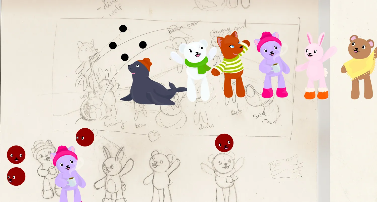 The character development wall: pencil sketches of the cast pinned up with finished coloured characters placed over them