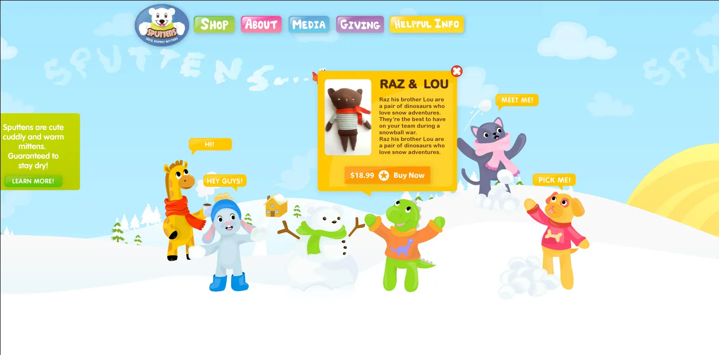 The Sputtens website home: the cast standing across a snow landscape with a character product panel open over it
