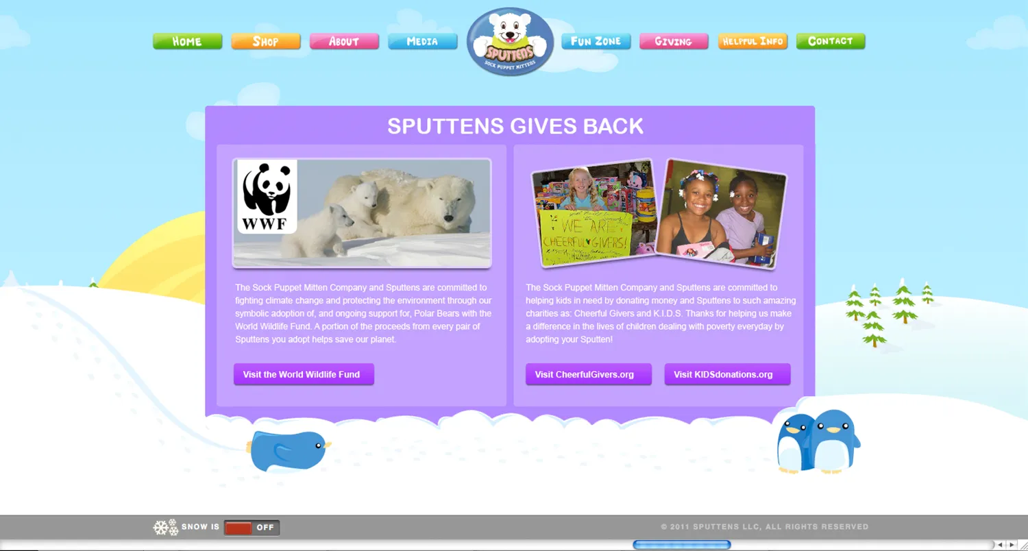 The Sputtens Gives Back page, set inside the same illustrated landscape