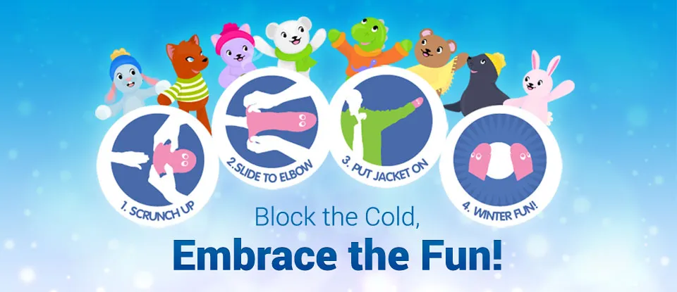 A site panel headed Block the Cold, Embrace the Fun, with four illustrated steps for wearing the mittens