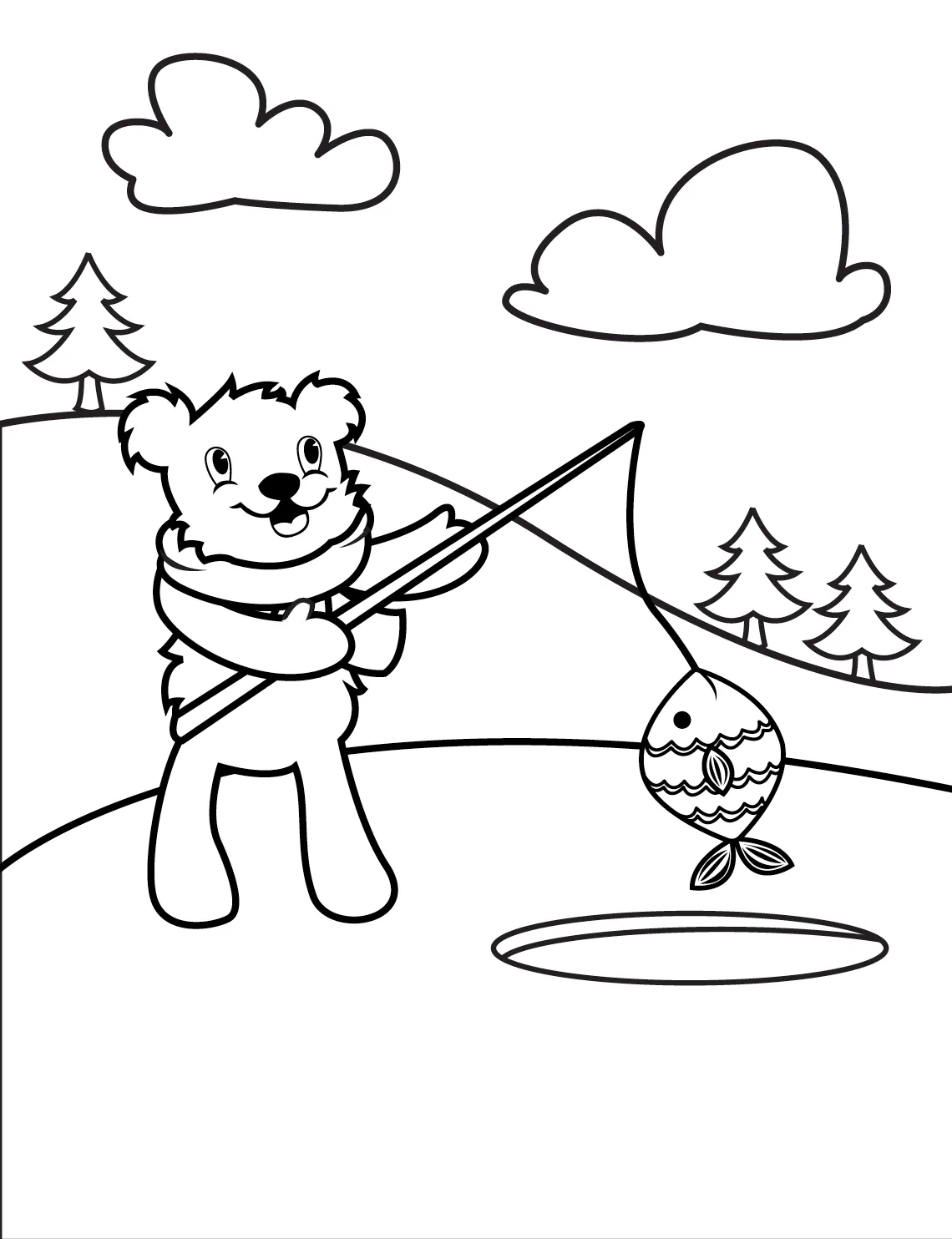 A coloring page: the bear character ice fishing